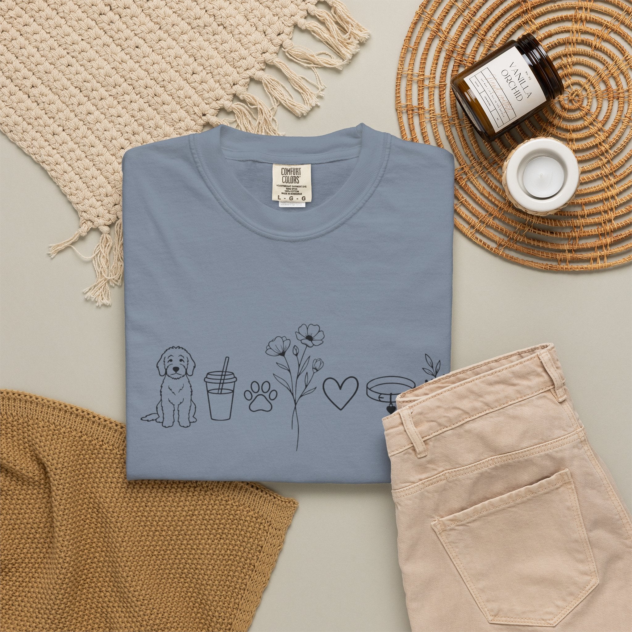 Minimal Doodle and Floral Icons T-Shirt — Coffee, Plants & Dog Line Art Tee