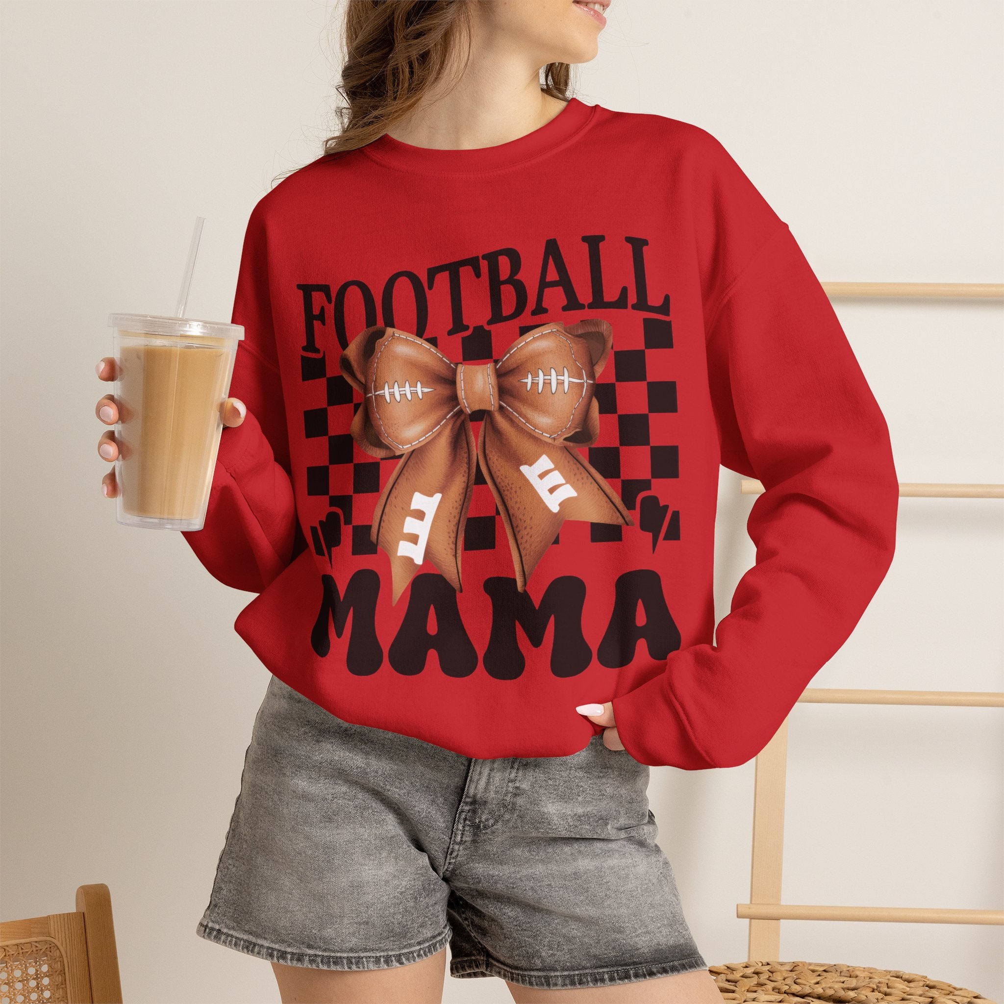 Football Mama Crewneck Sweatshirt — Retro Checkerboard Football Graphic