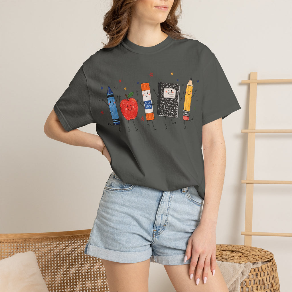 Cute School Supplies Teacher T-Shirt — Happy Apple, Crayon & Pencil Graphic Tee
