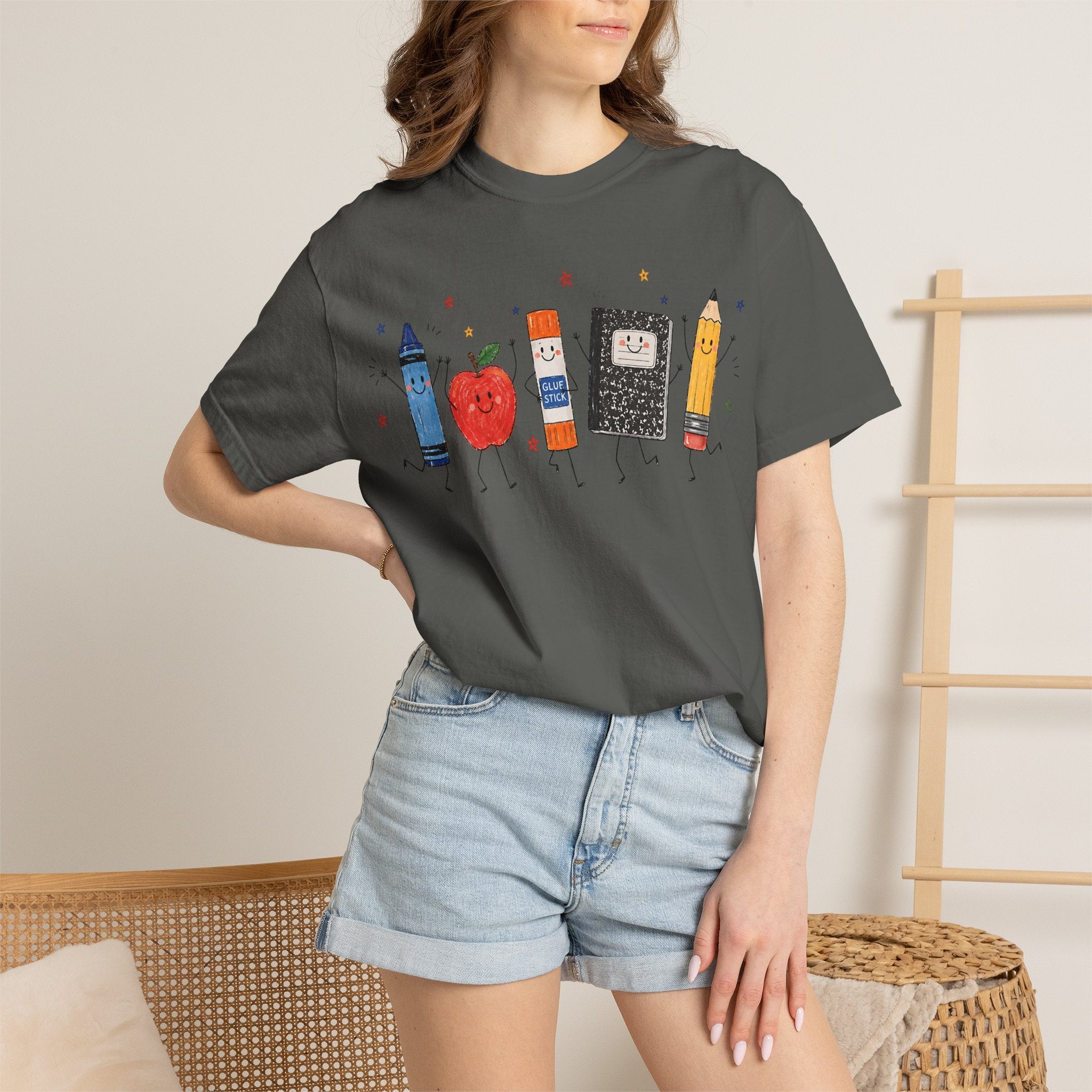 Cute School Supplies Teacher T-Shirt — Happy Apple, Crayon & Pencil Graphic Tee