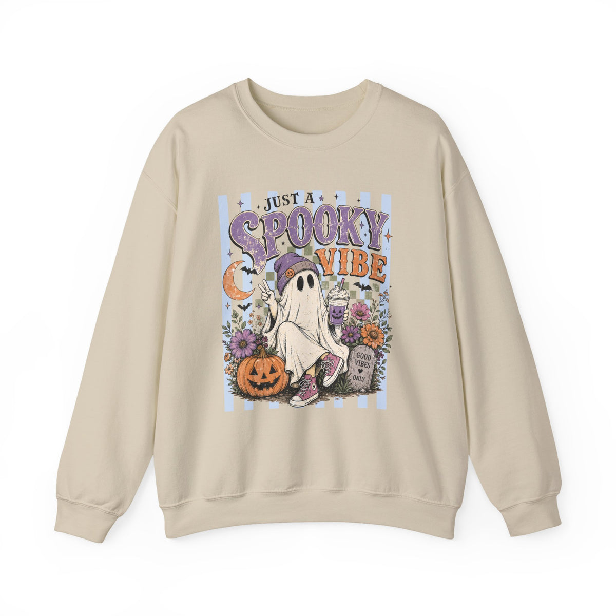 Spooky Vibe Crewneck Sweatshirt — Cute Halloween Ghost Pumpkin Graphic
