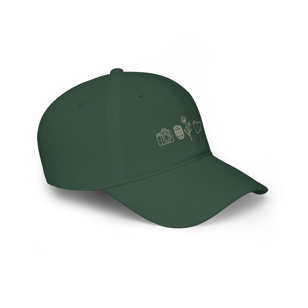 Photographer Icons Low Profile Baseball Cap — Camera, Lens, Tripod Design