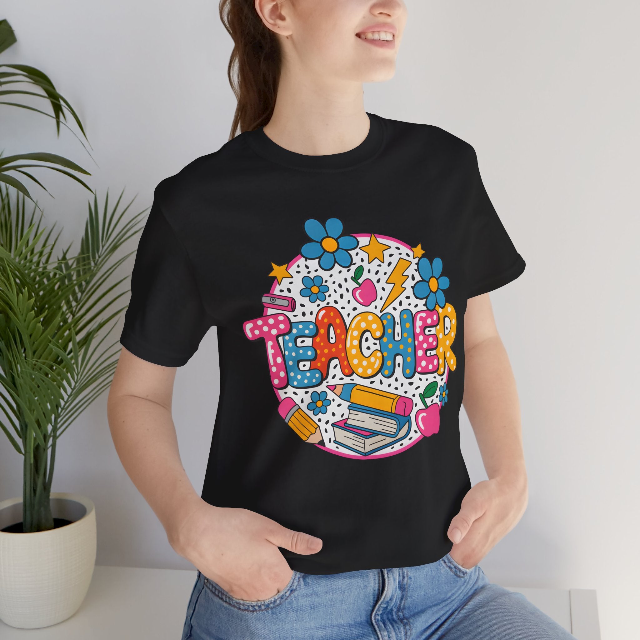 Teacher Doodle Graphic Tee — Colorful School Supplies Design