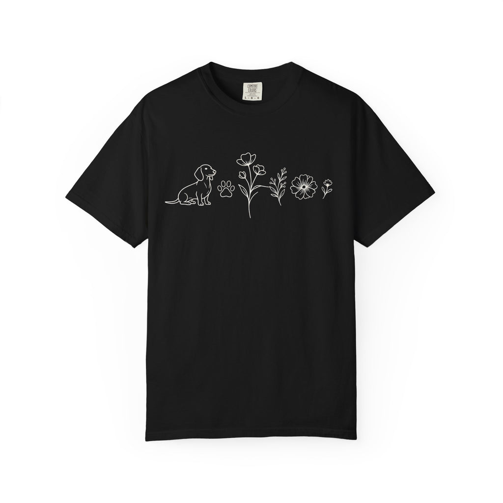 Floral Dachschund Line Art T-Shirt — Minimal Dog & Wildflower Tee