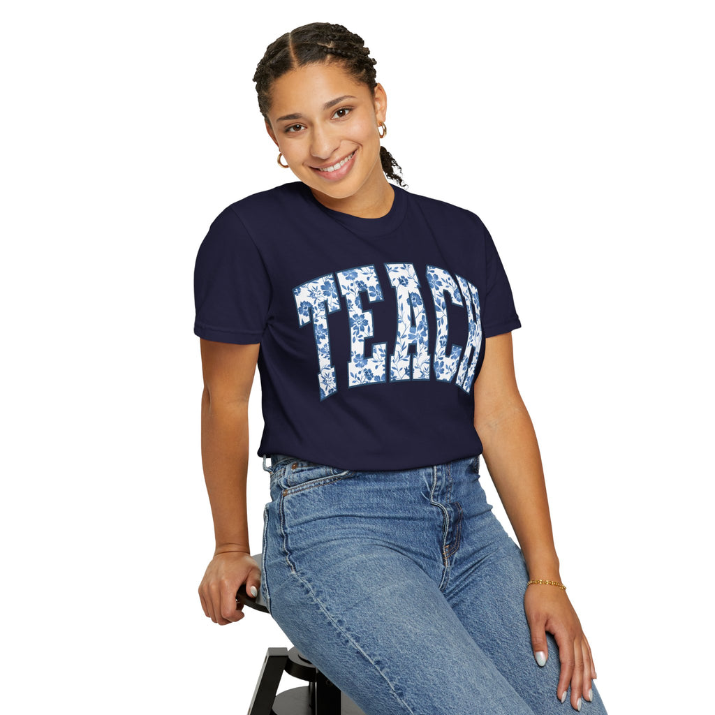 Teacher Floral Arch T-Shirt — 'TEACH' Blue Floral Print Tee