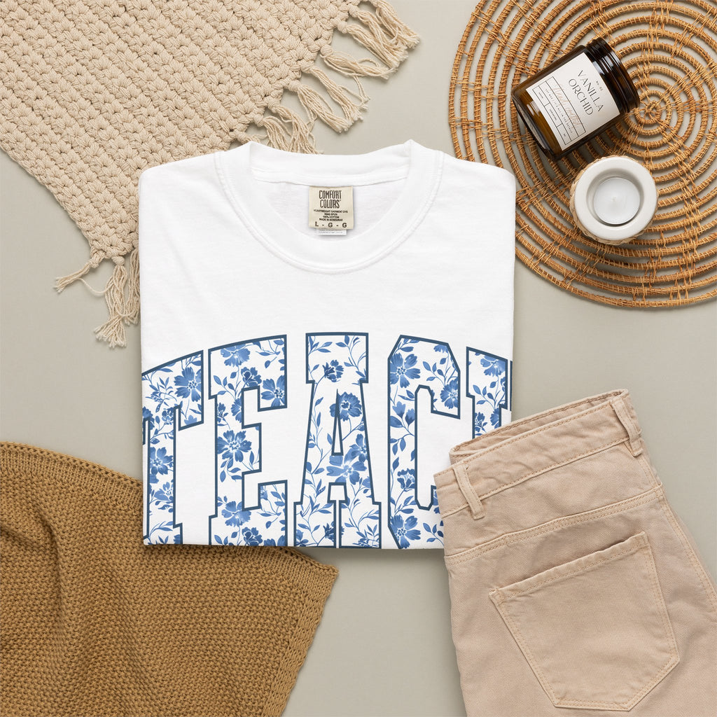Teacher Floral Arch T-Shirt — 'TEACH' Blue Floral Print Tee