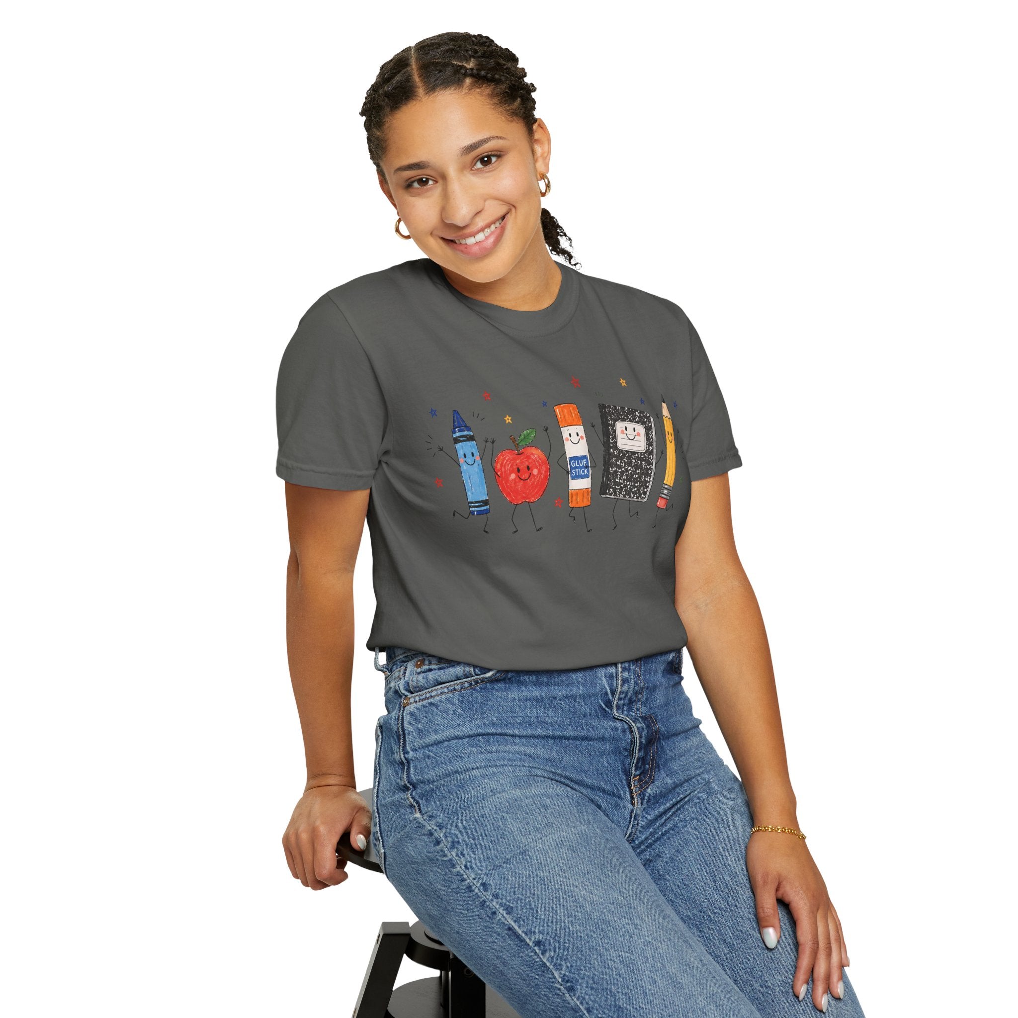 Cute School Supplies Teacher T-Shirt — Happy Apple, Crayon & Pencil Graphic Tee