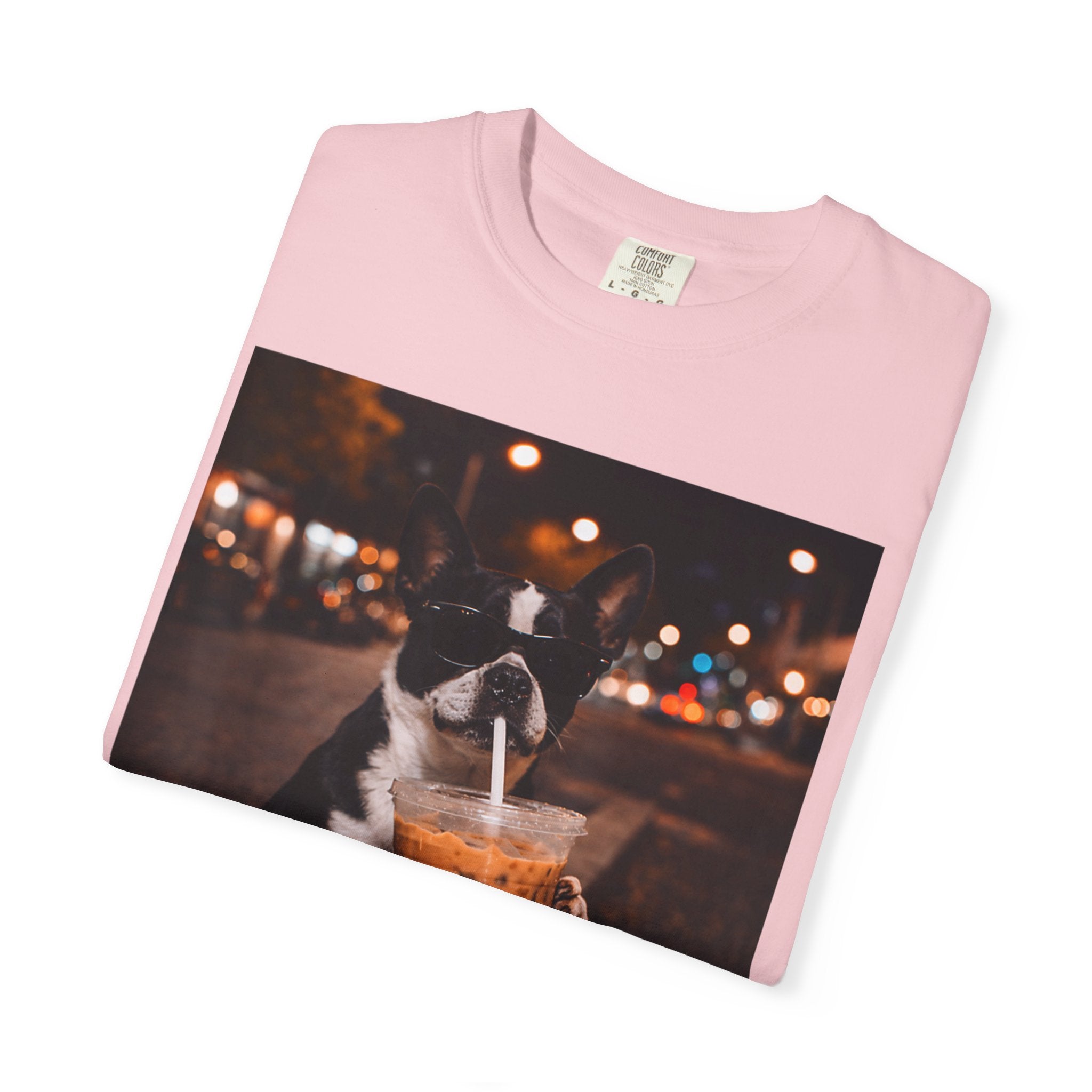 Boston Terrier Sipping Iced Coffee T-Shirt — Cute Dog Photo Tee