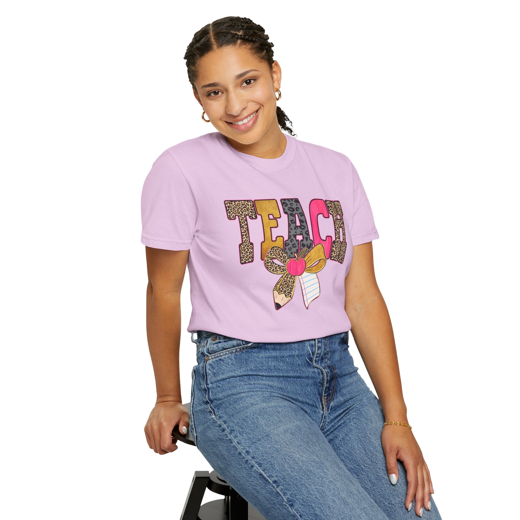 Teacher Graphic Tee — 'TEACH' Leopard Print Pencil Bow Design