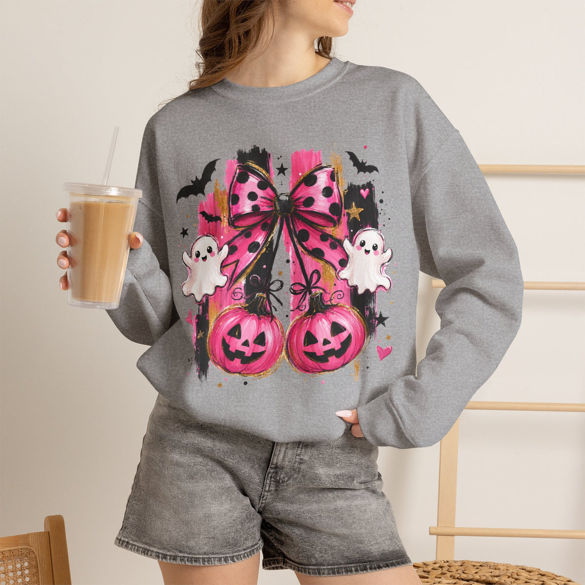Halloween Pink Pumpkins Crewneck Sweatshirt — Cute Ghosts & Polka Dot Bow Design
