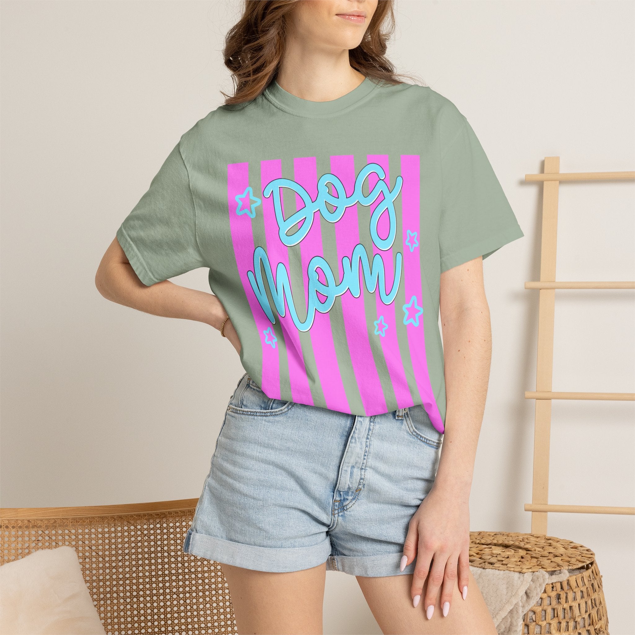 Dog Mom T-Shirt — Pastel Striped Graphic Tee for Pet Lovers