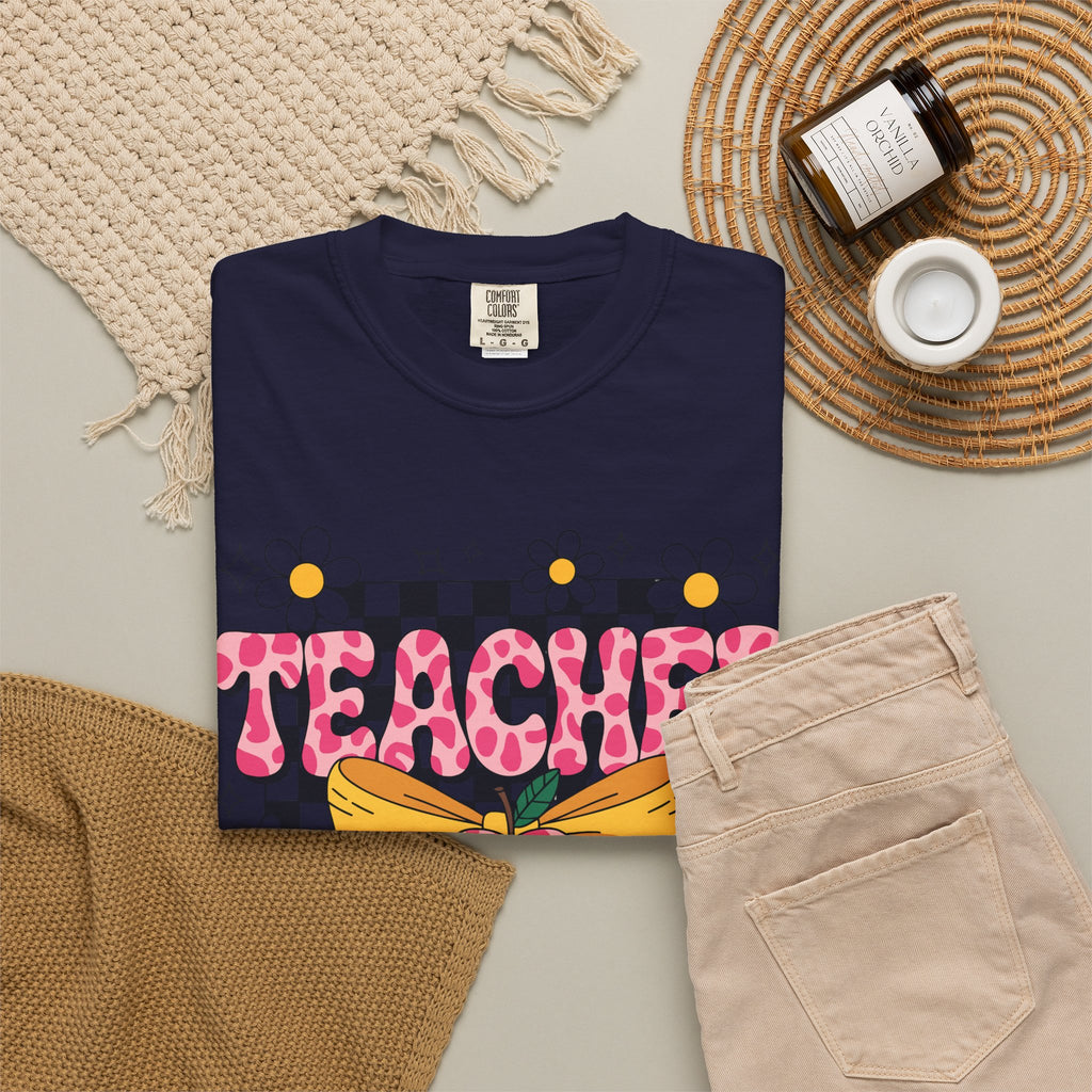 Teacher Floral Bow T‑Shirt — Cute Checkerboard & Heart Design for Educators
