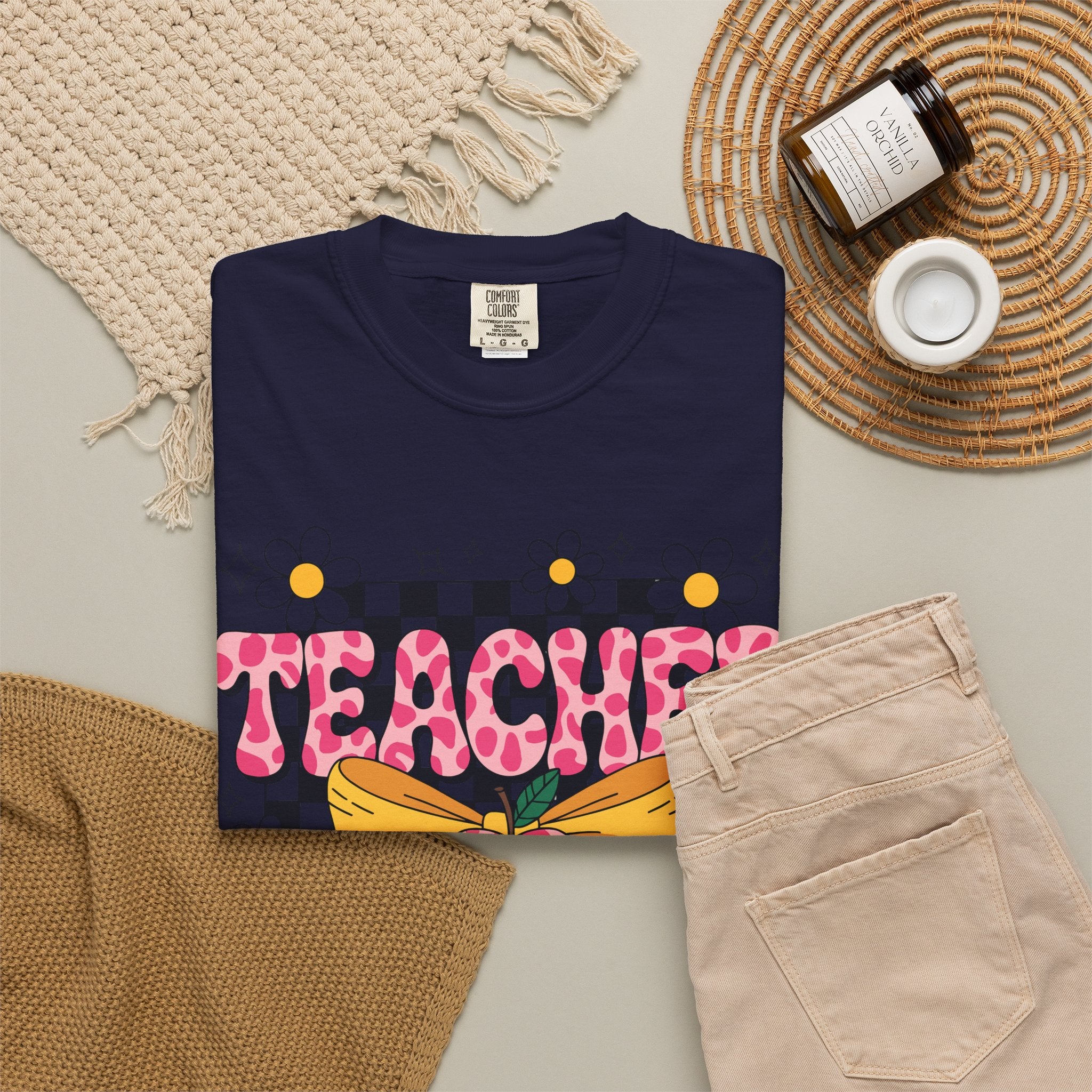 Teacher Floral Bow T‑Shirt — Cute Checkerboard & Heart Design for Educators