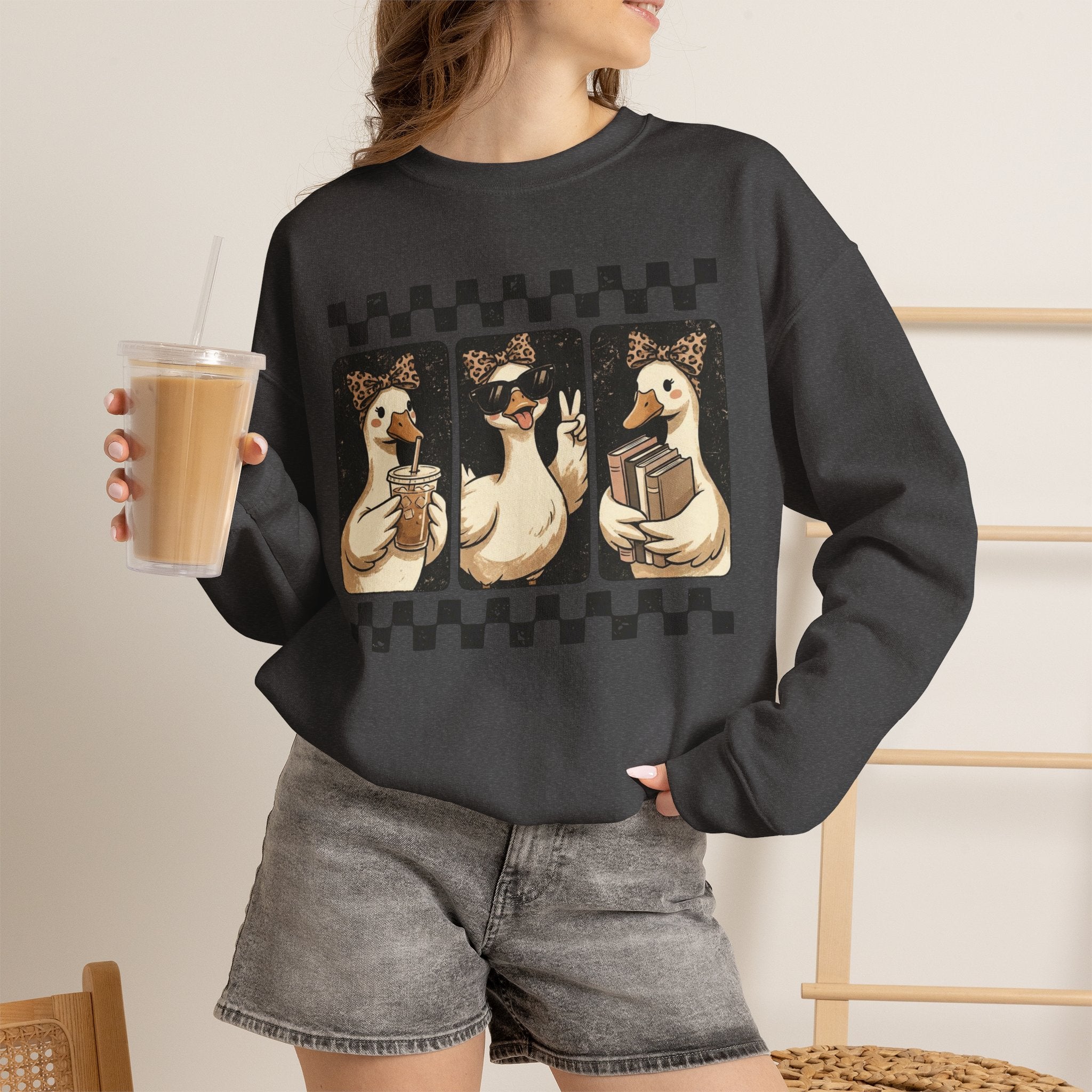 Duck Trio Crewneck Sweatshirt — Vintage Checkered Retro Goose Illustration