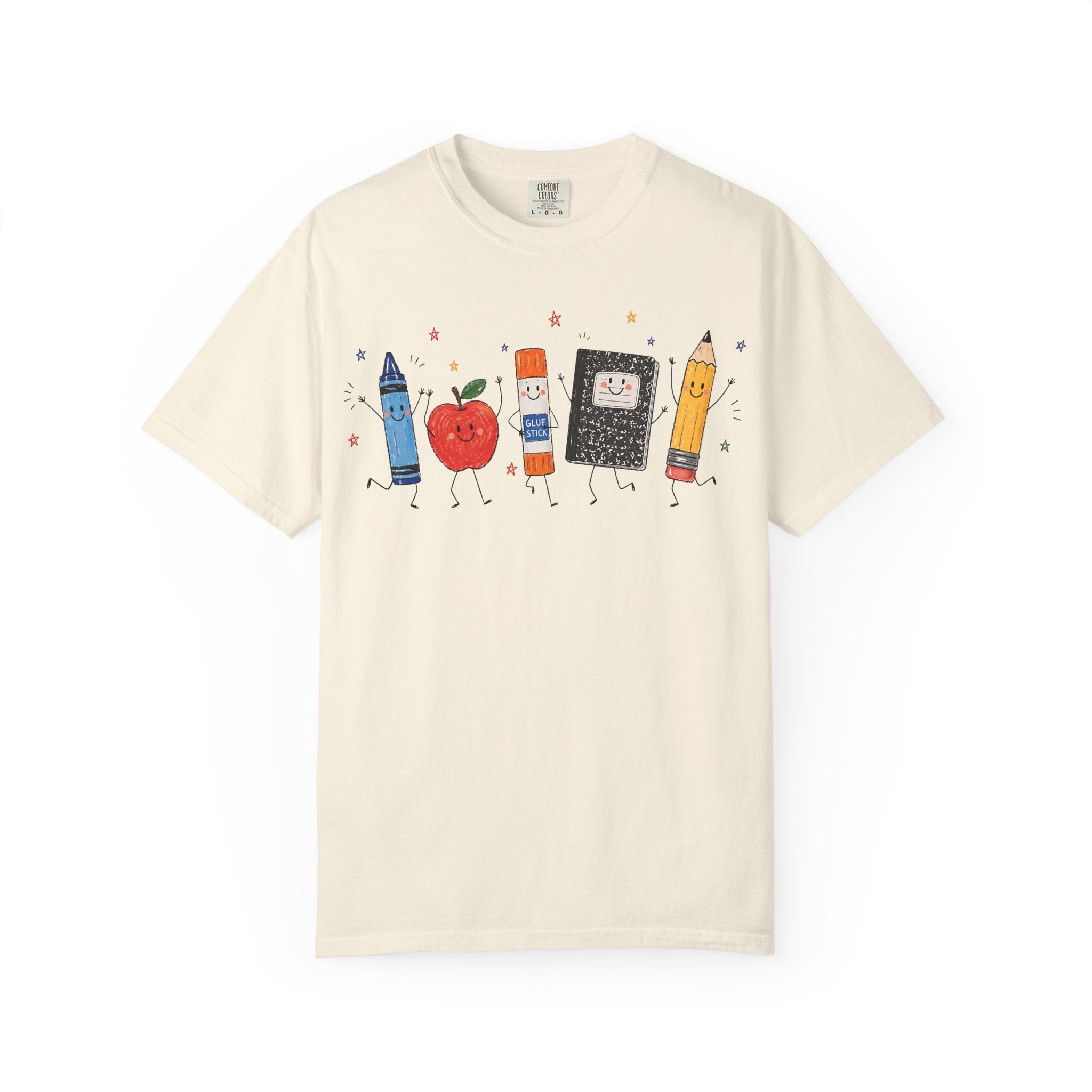 Cute School Supplies Teacher T-Shirt — Happy Apple, Crayon & Pencil Graphic Tee