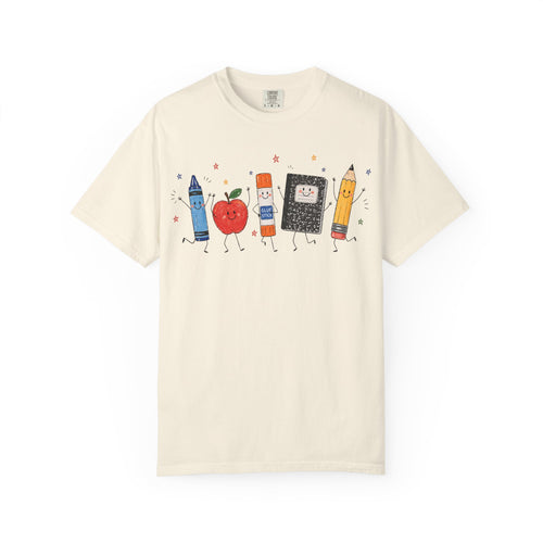 Cute School Supplies Teacher T-Shirt — Happy Apple, Crayon & Pencil Graphic Tee