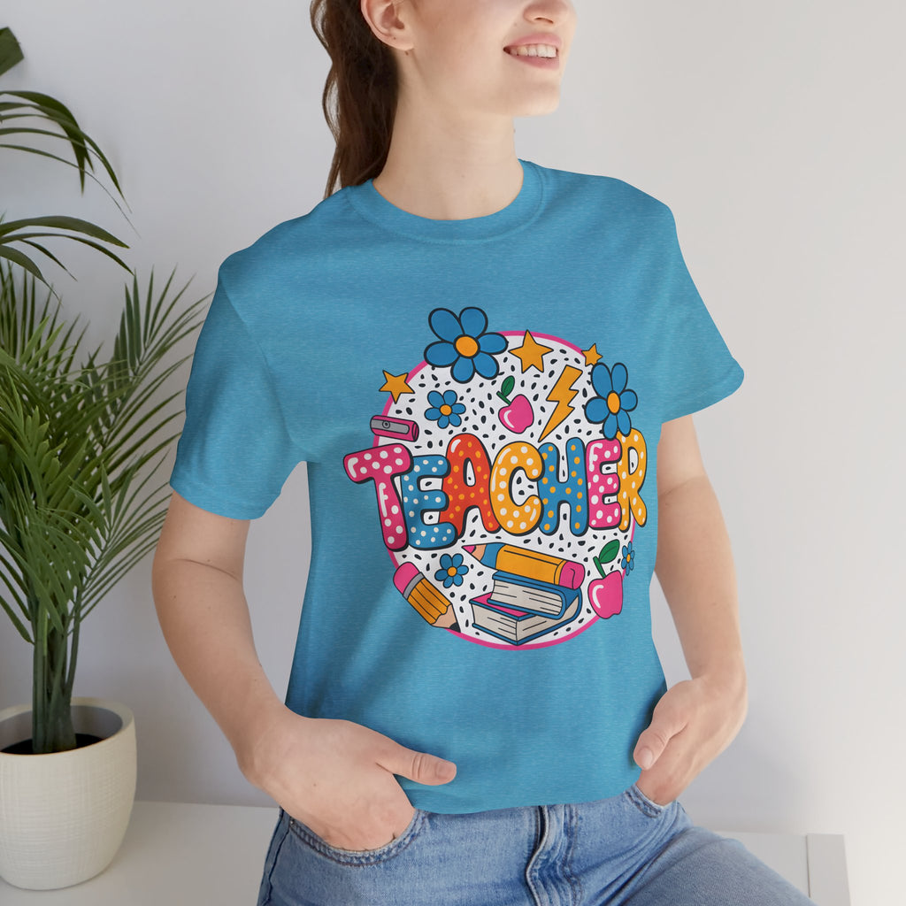 Teacher Doodle Graphic Tee — Colorful School Supplies Design