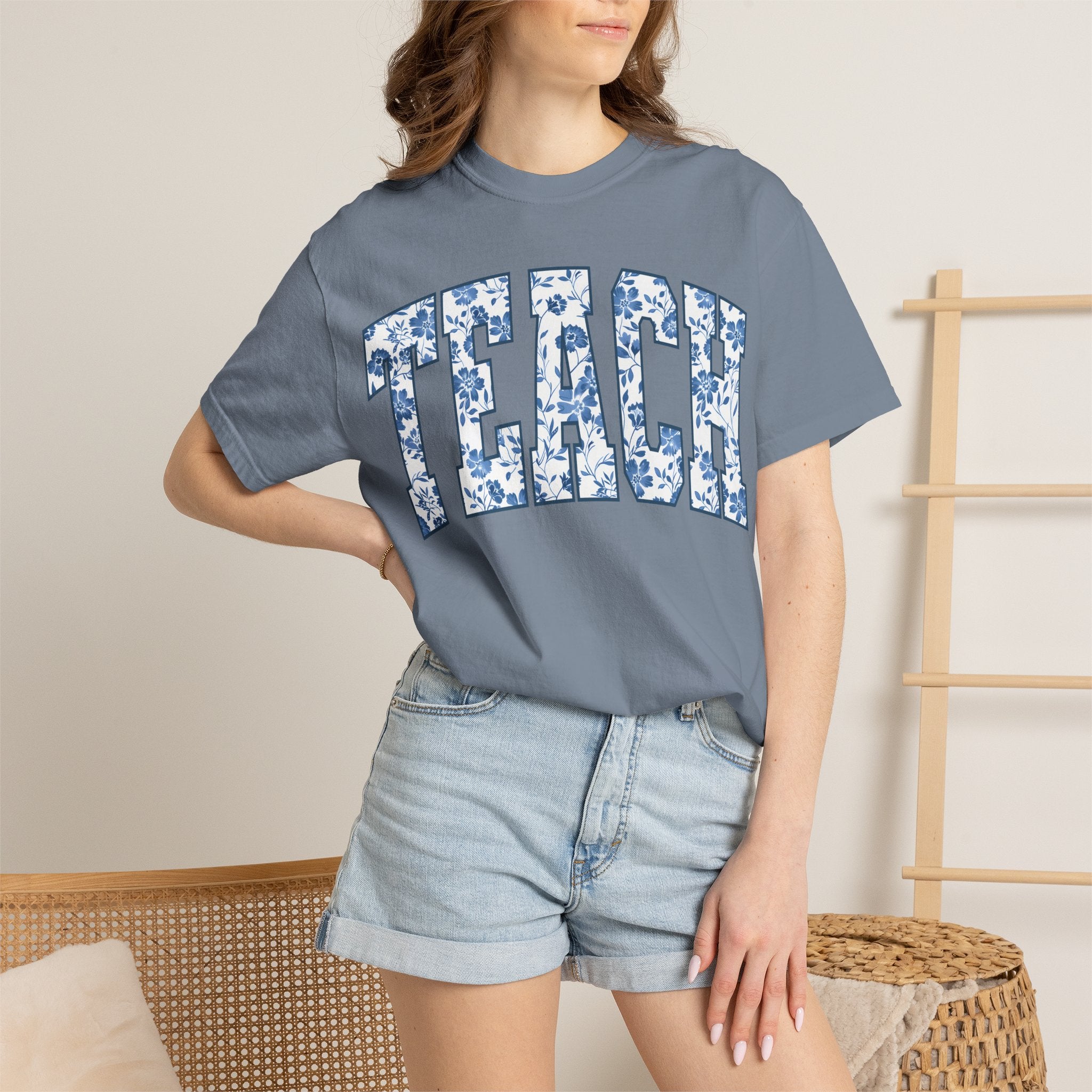 Teacher Floral Arch T-Shirt — 'TEACH' Blue Floral Print Tee