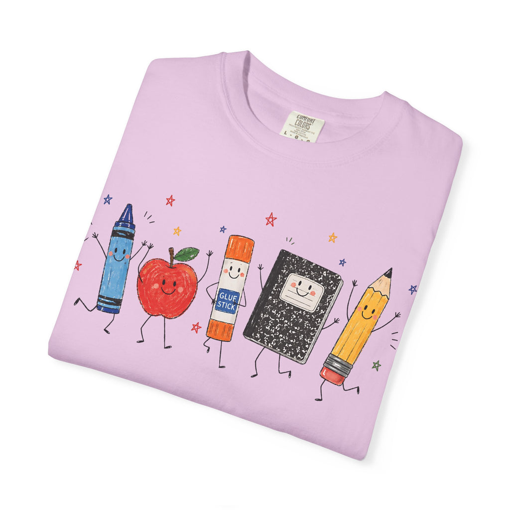 Cute School Supplies Teacher T-Shirt — Happy Apple, Crayon & Pencil Graphic Tee