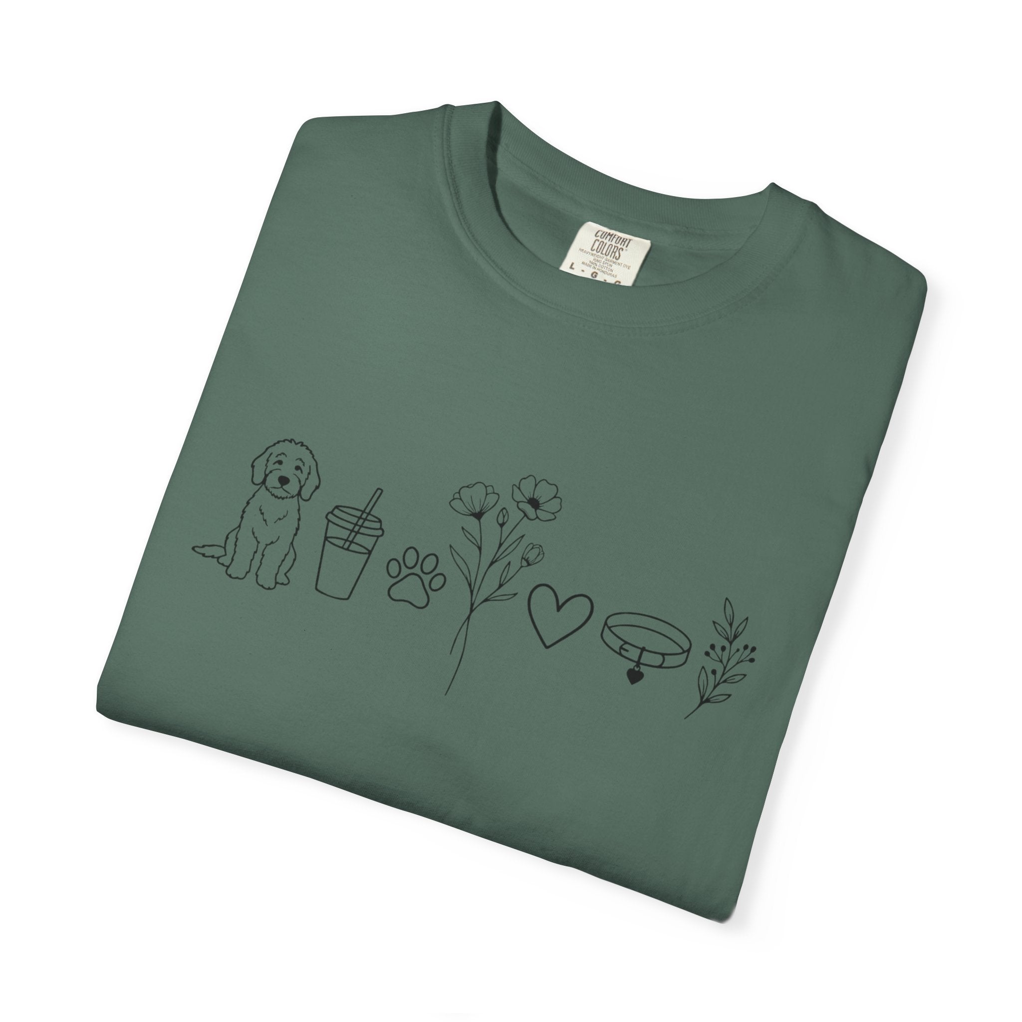 Minimal Doodle and Floral Icons T-Shirt — Coffee, Plants & Dog Line Art Tee
