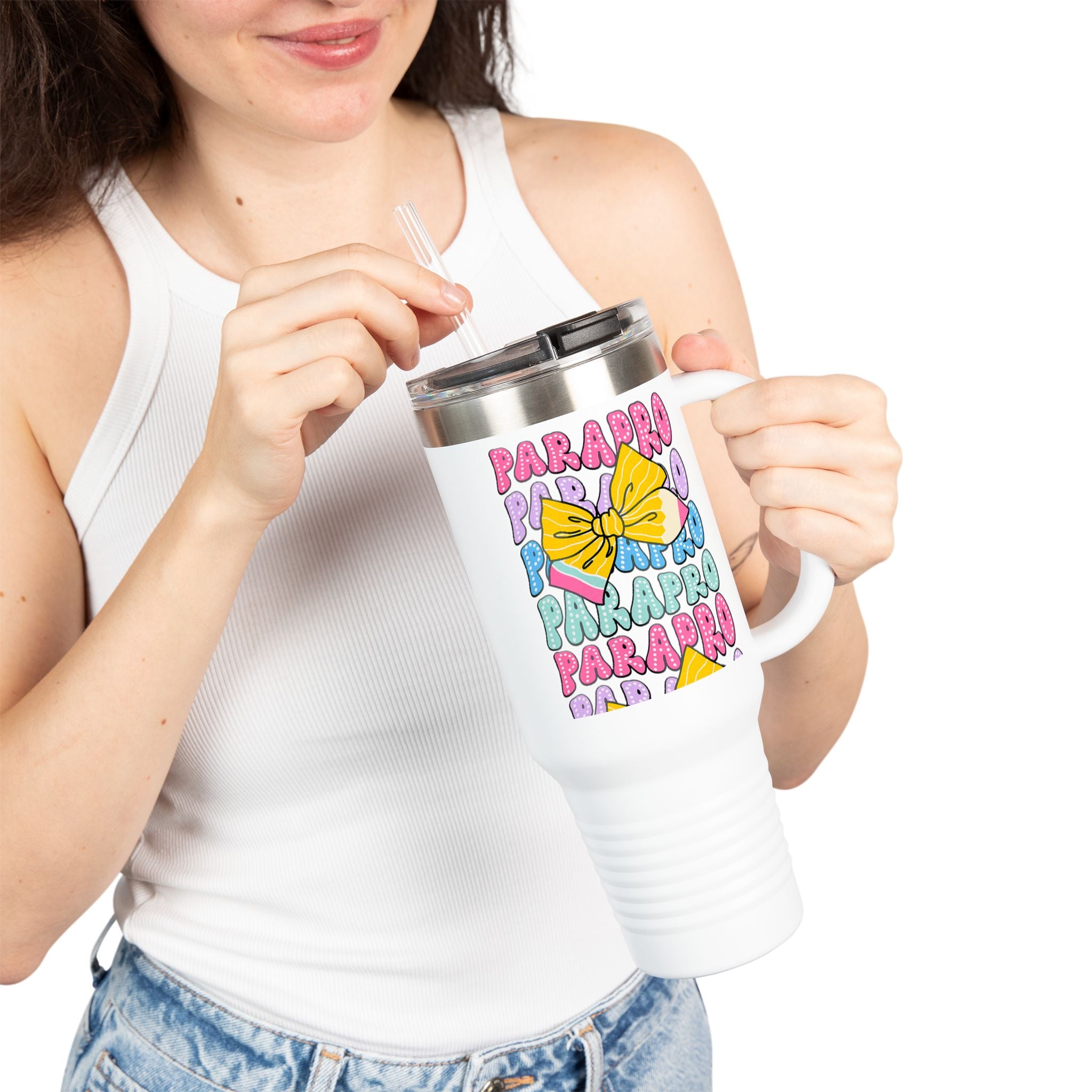 40oz Insulated Travel Mug — Colorful 'PARA' Pattern with Bow Design