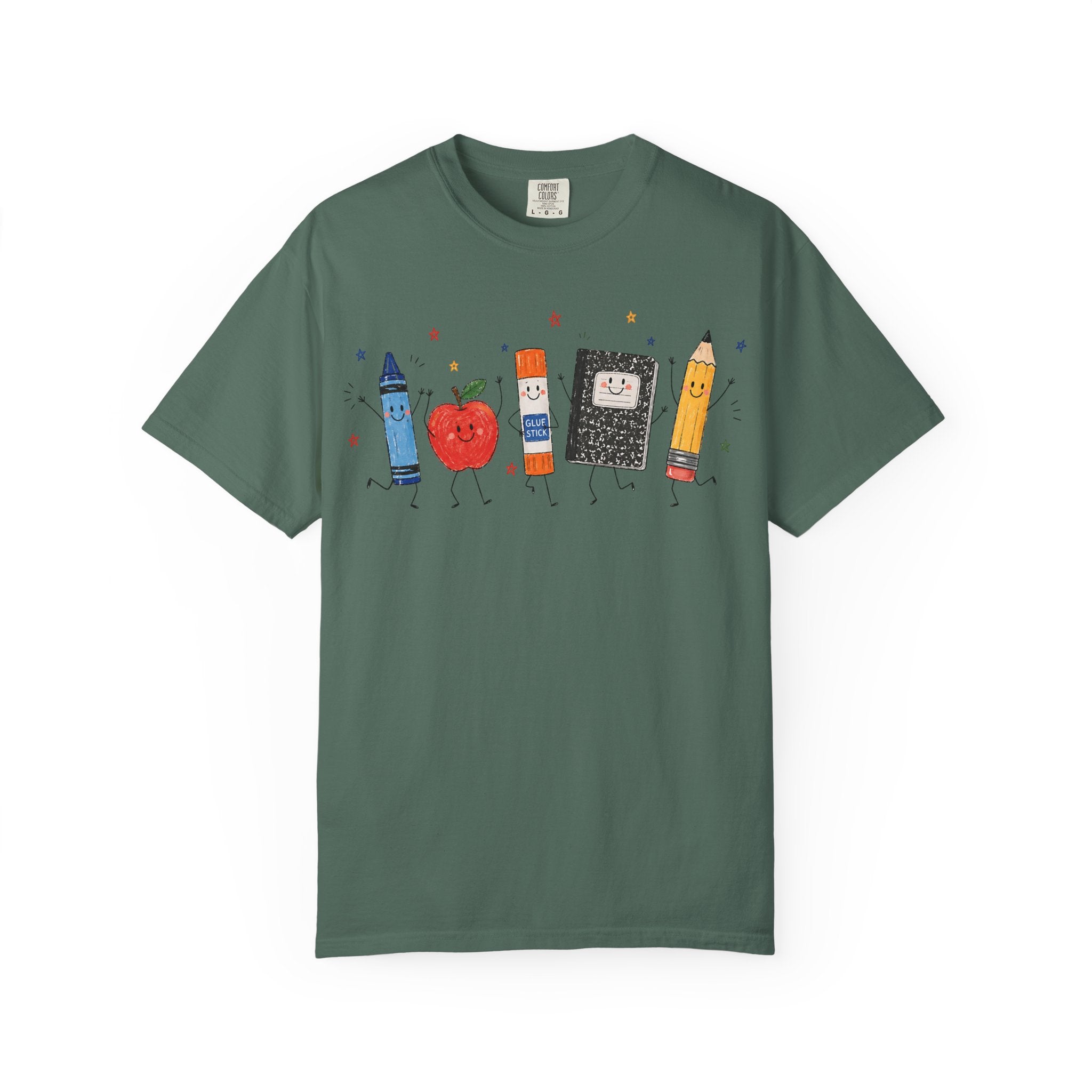 Cute School Supplies Teacher T-Shirt — Happy Apple, Crayon & Pencil Graphic Tee