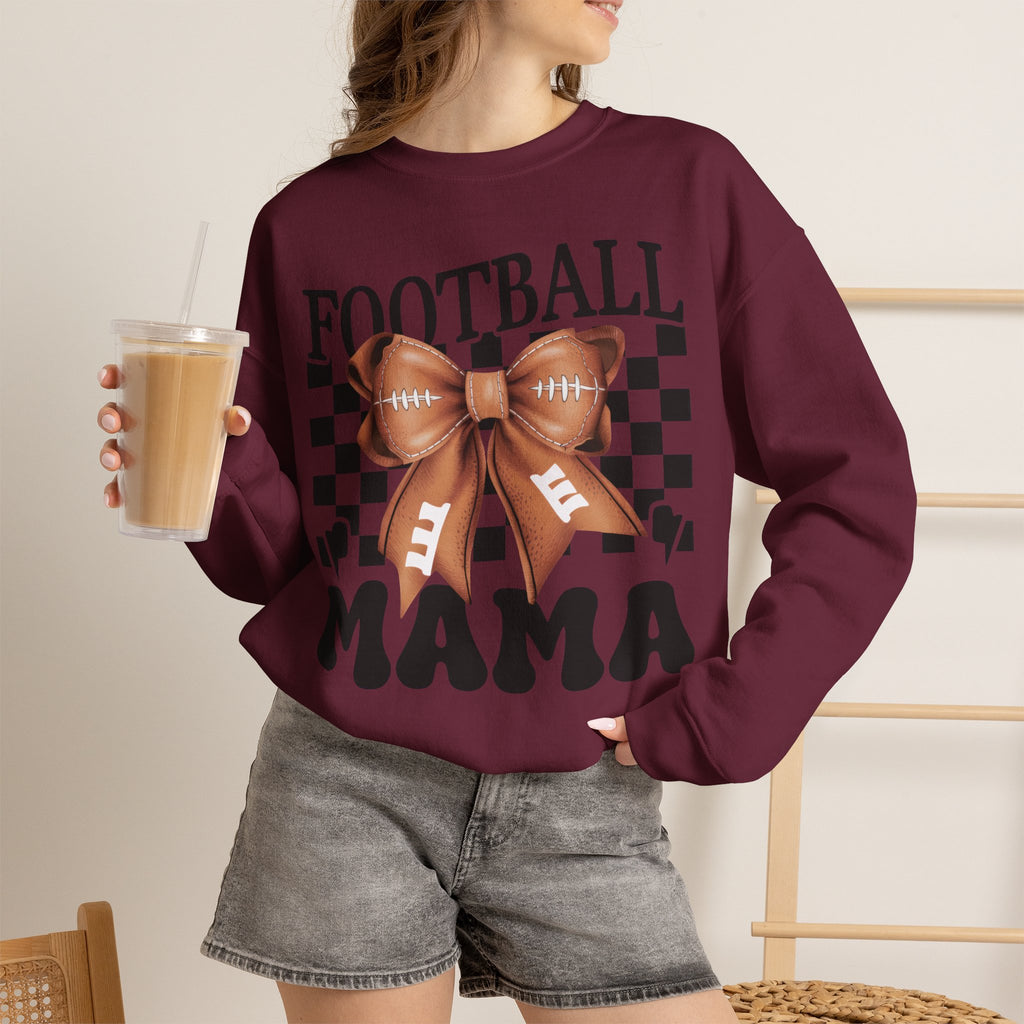 Football Mama Crewneck Sweatshirt — Retro Checkerboard Football Graphic