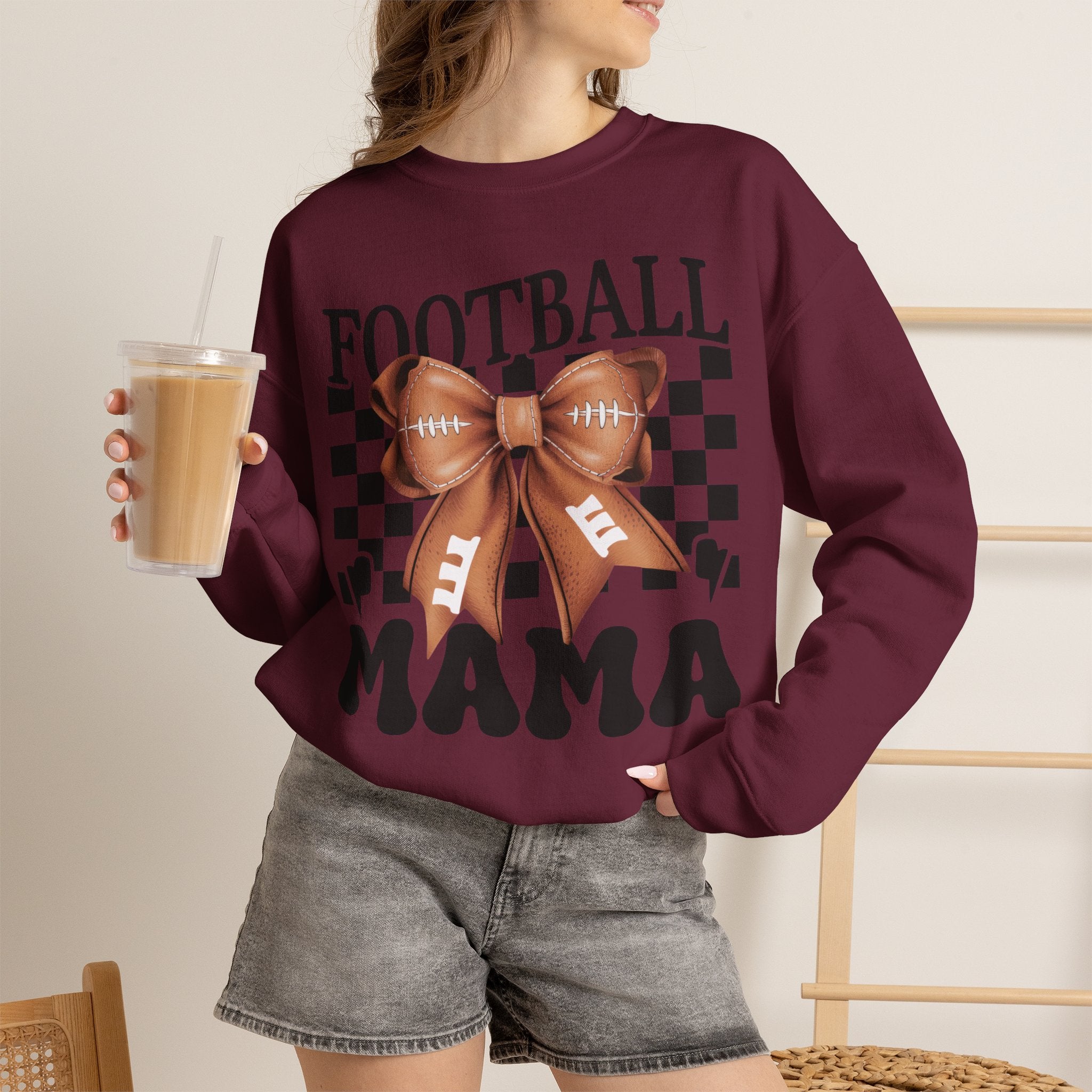 Football Mama Crewneck Sweatshirt — Retro Checkerboard Football Graphic