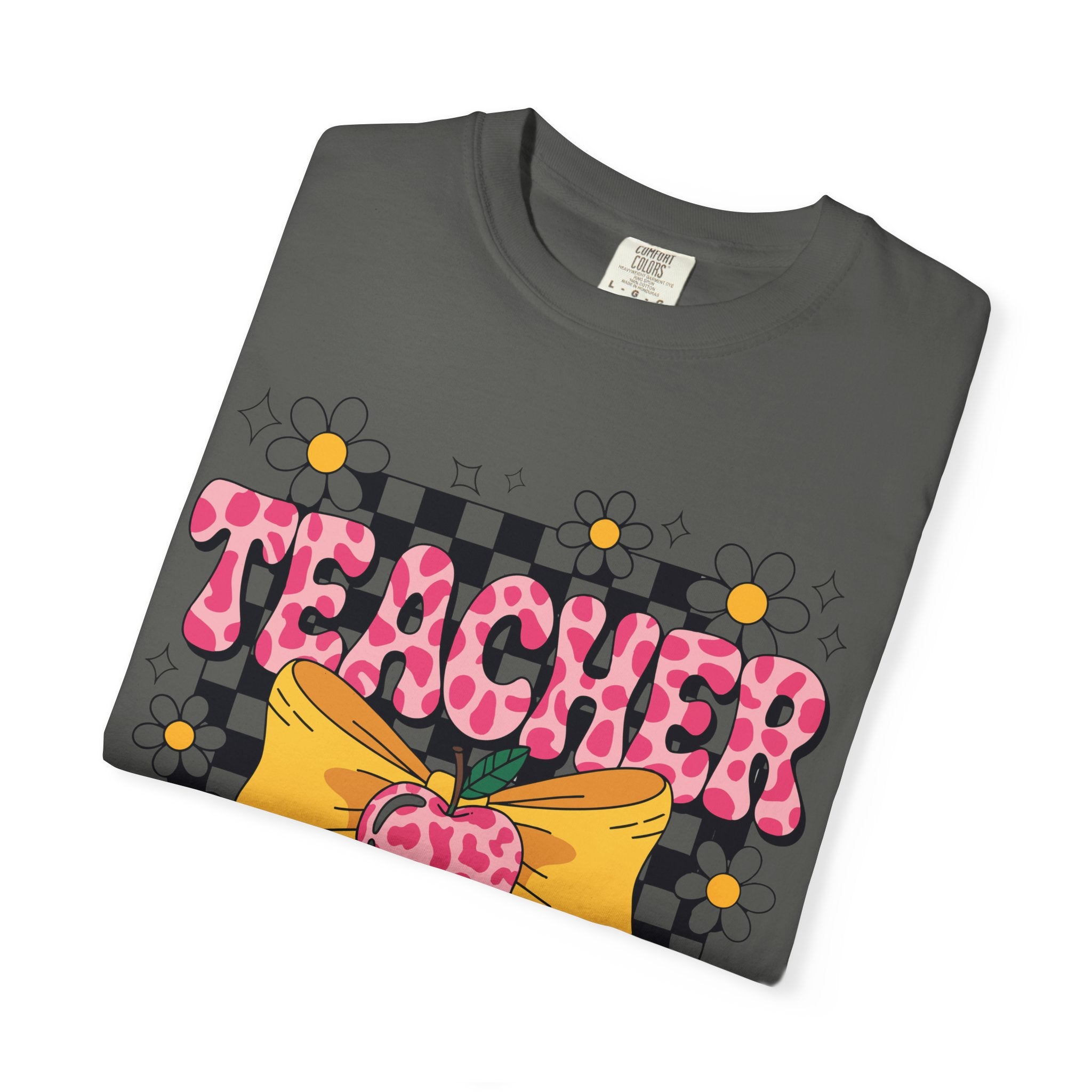 Teacher Floral Bow T‑Shirt — Cute Checkerboard & Heart Design for Educators