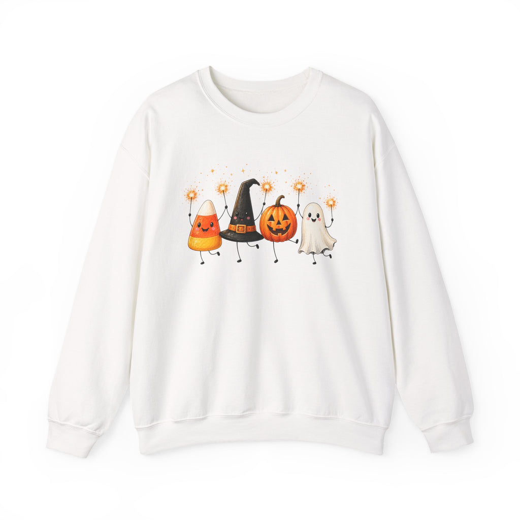 Halloween Friends Crewneck Sweatshirt — Cute Candy Corn, Witch Hat, Jack-o'-Lantern & Ghost Design