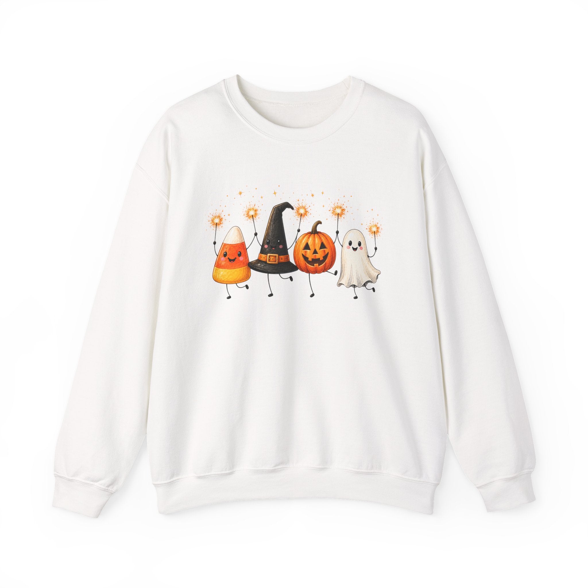 Halloween Friends Crewneck Sweatshirt — Cute Candy Corn, Witch Hat, Jack-o'-Lantern & Ghost Design
