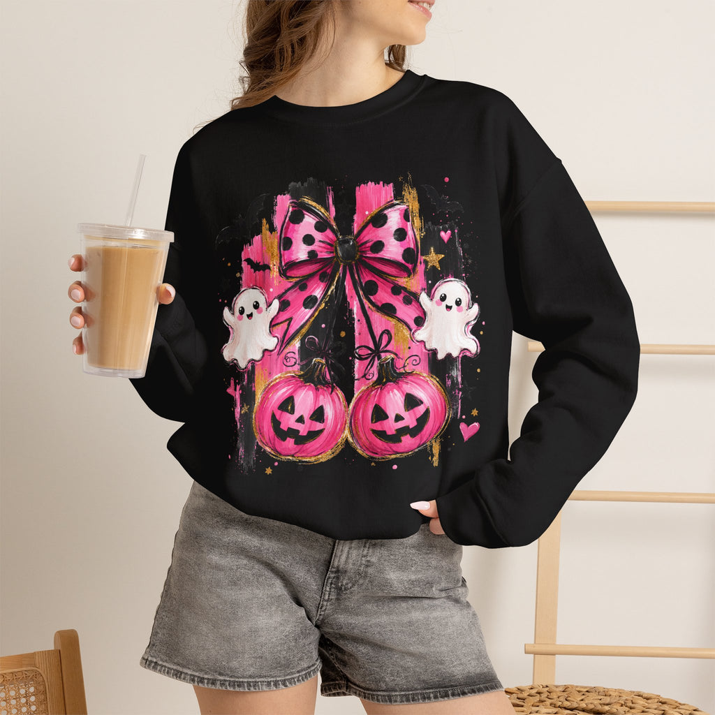 Halloween Pink Pumpkins Crewneck Sweatshirt — Cute Ghosts & Polka Dot Bow Design