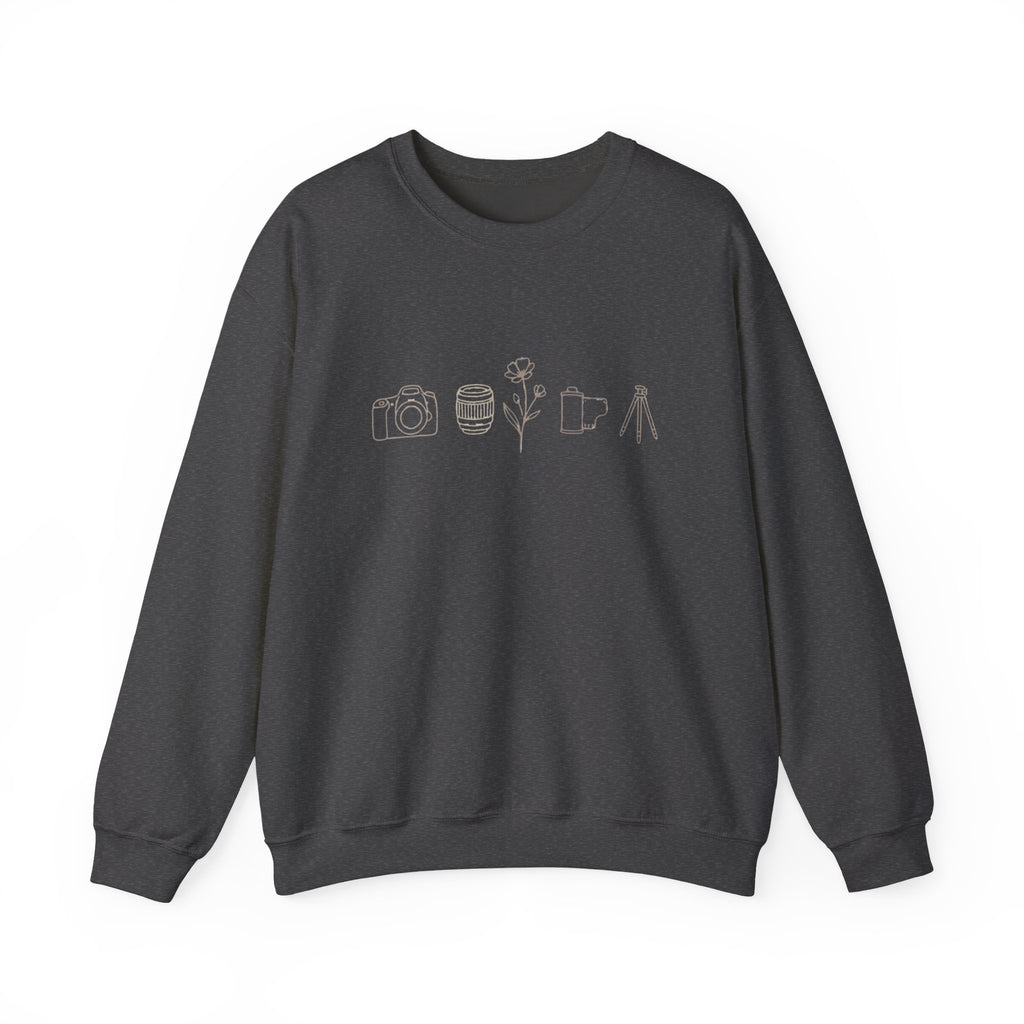 Photography Icons Crewneck Sweatshirt — Minimal Camera, Lens, Film & Tripod Design