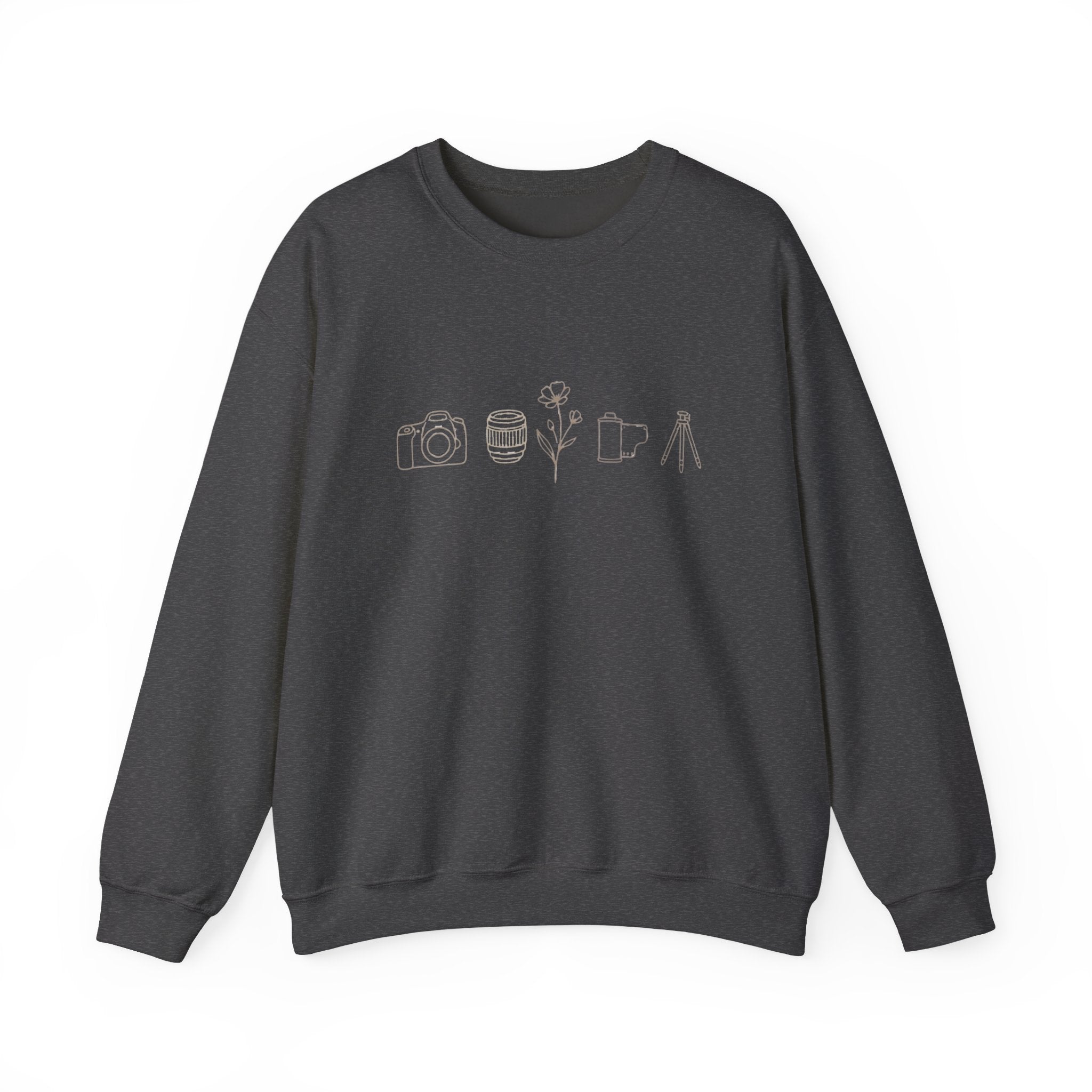 Photography Icons Crewneck Sweatshirt — Minimal Camera, Lens, Film & Tripod Design
