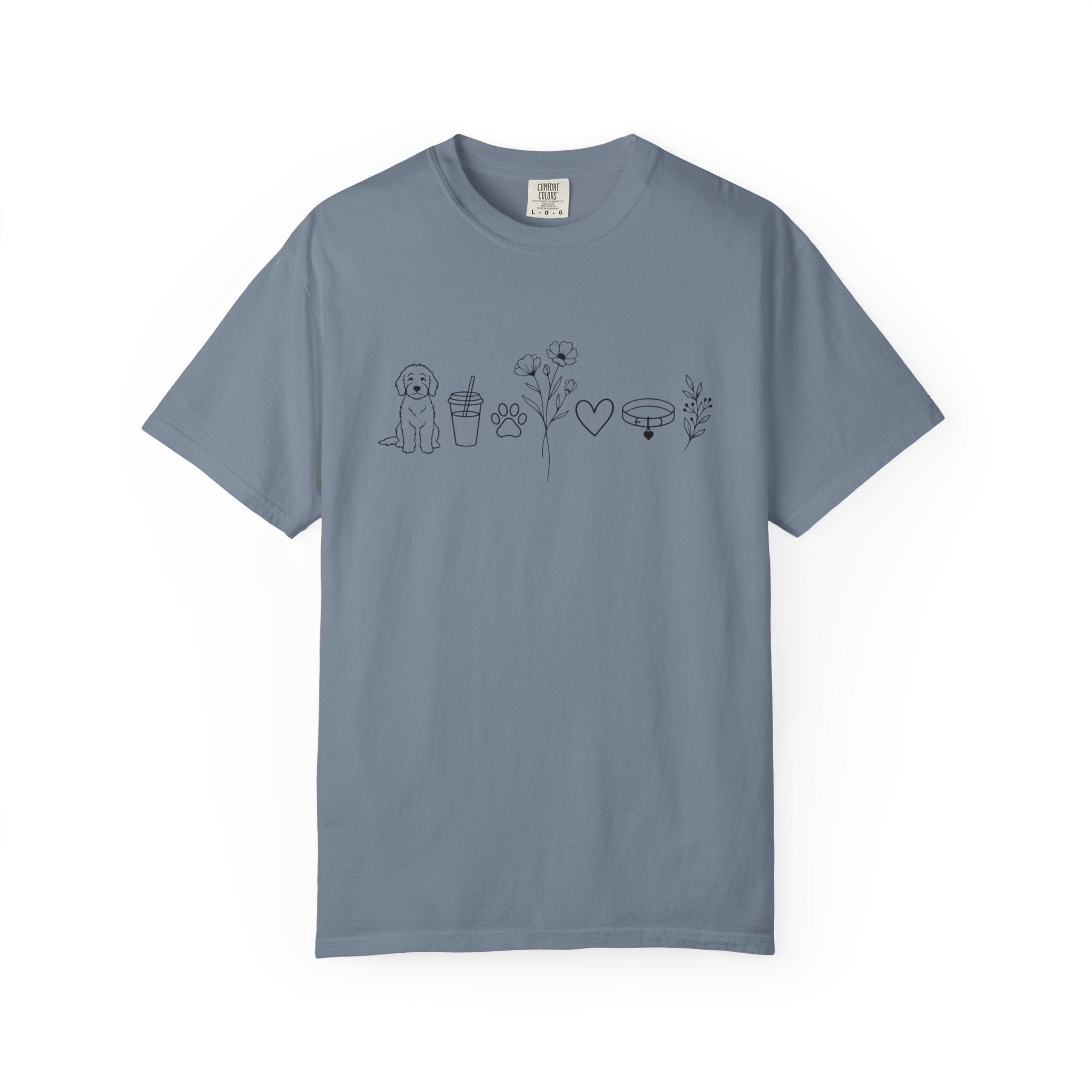 Minimal Doodle and Floral Icons T-Shirt — Coffee, Plants & Dog Line Art Tee