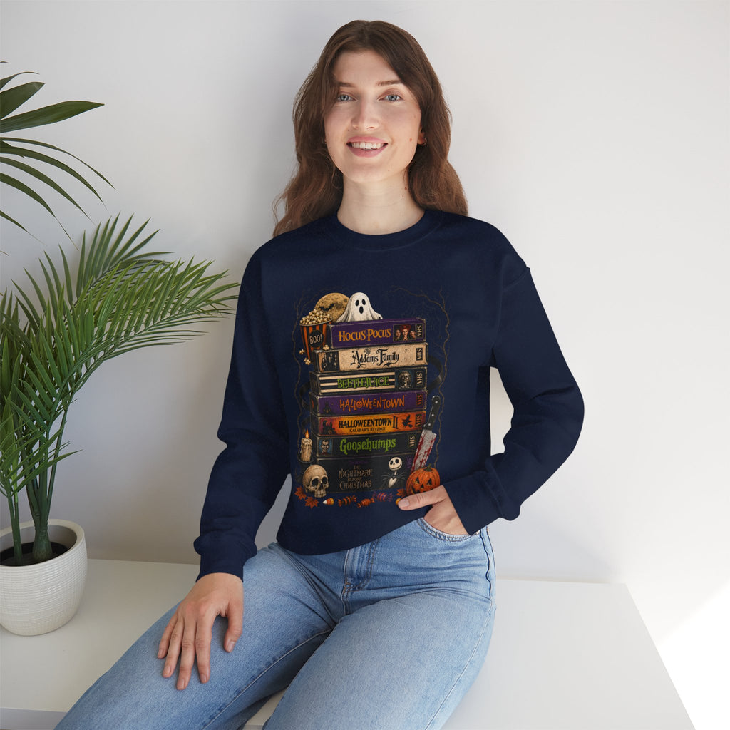 Halloween Book Stack Crewneck Sweatshirt — Spooky Classics Stack with Pumpkin & Skulls