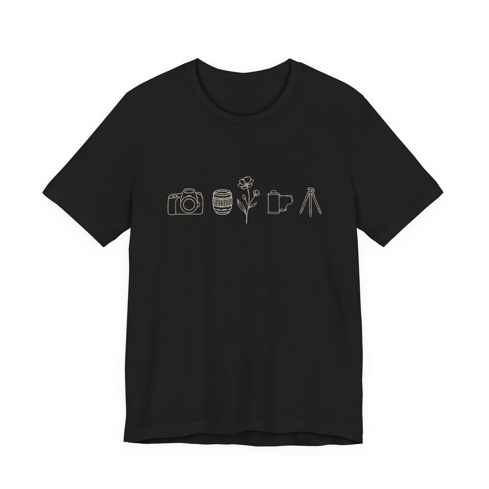 Photography Icons Tee — Minimal Camera, Film, Flower & Tripod Graphic Shirt