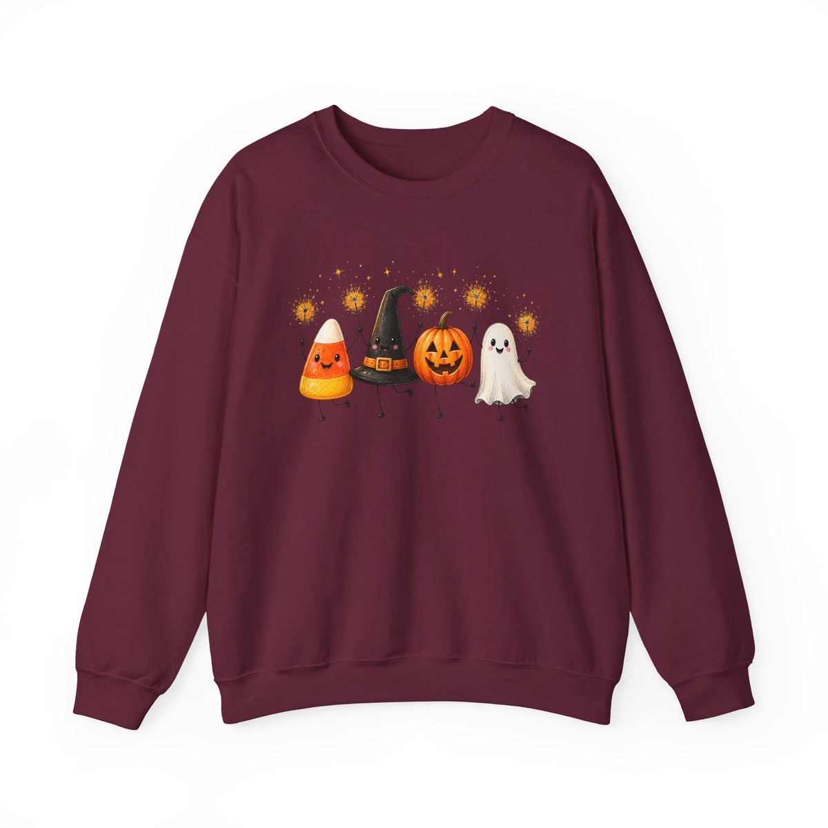 Halloween Friends Crewneck Sweatshirt — Cute Candy Corn, Witch Hat, Jack-o'-Lantern & Ghost Design