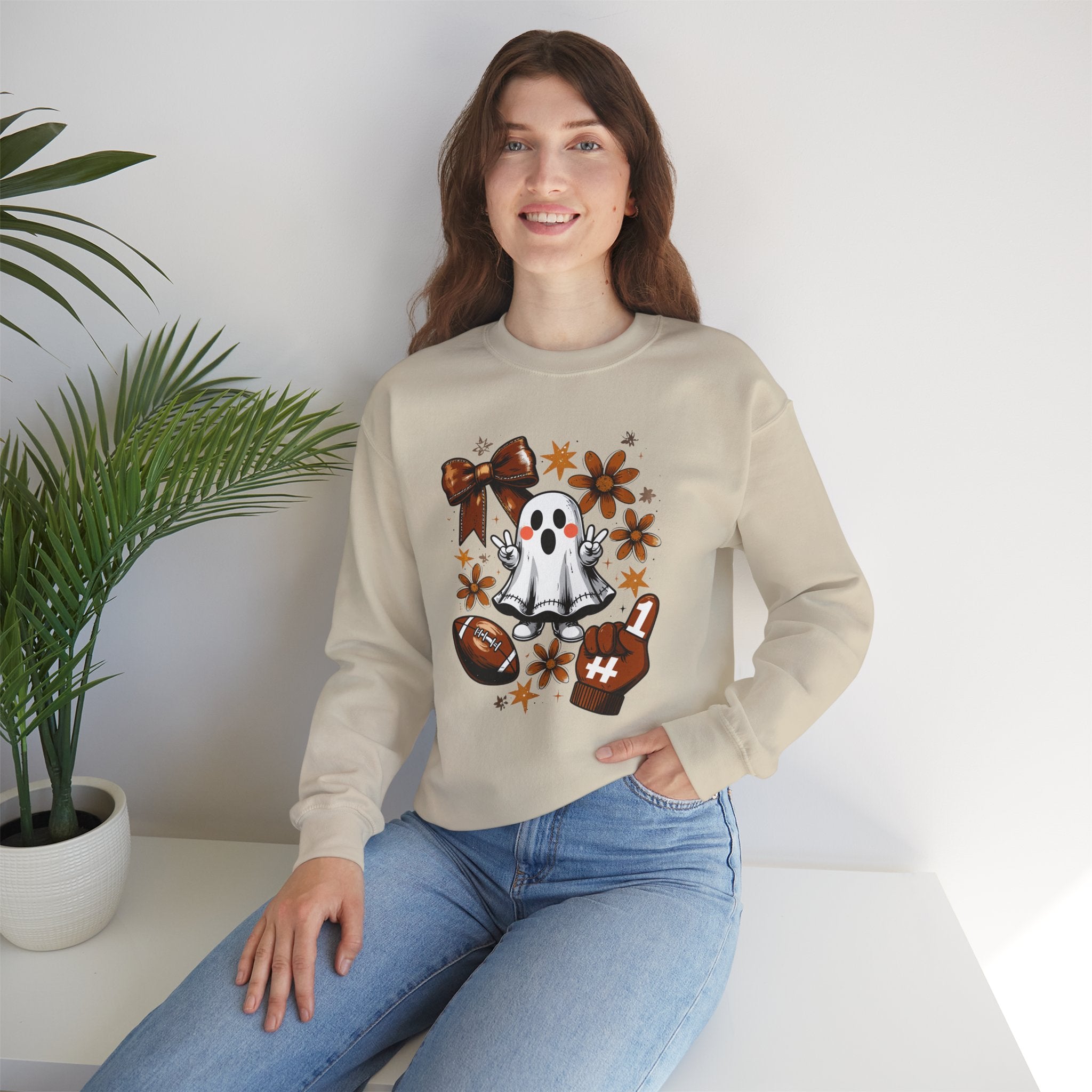 Football Ghost Crewneck Sweatshirt — Cute Halloween Game Day Shirt