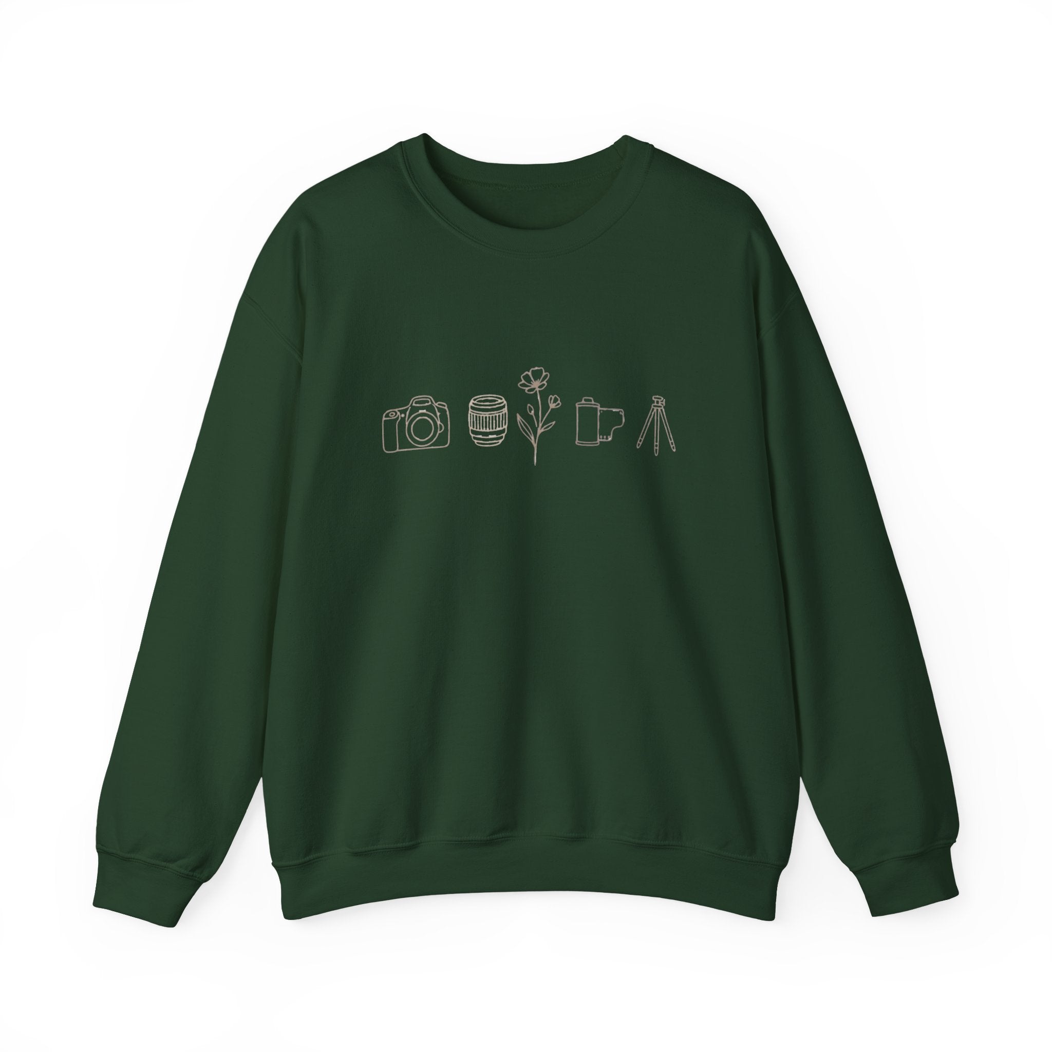 Photography Icons Crewneck Sweatshirt — Minimal Camera, Lens, Film & Tripod Design