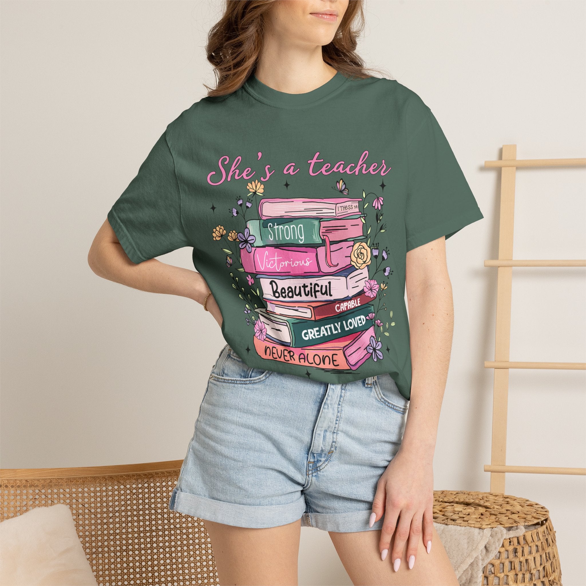 Teacher Appreciation T-Shirt — "She's a Teacher" Floral Stack Design