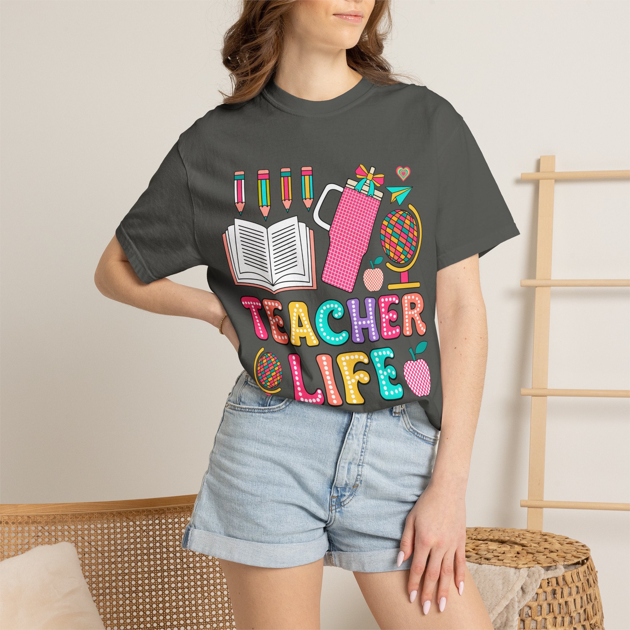 Teacher Life T-Shirt — Colorful School Supplies Graphic Tee
