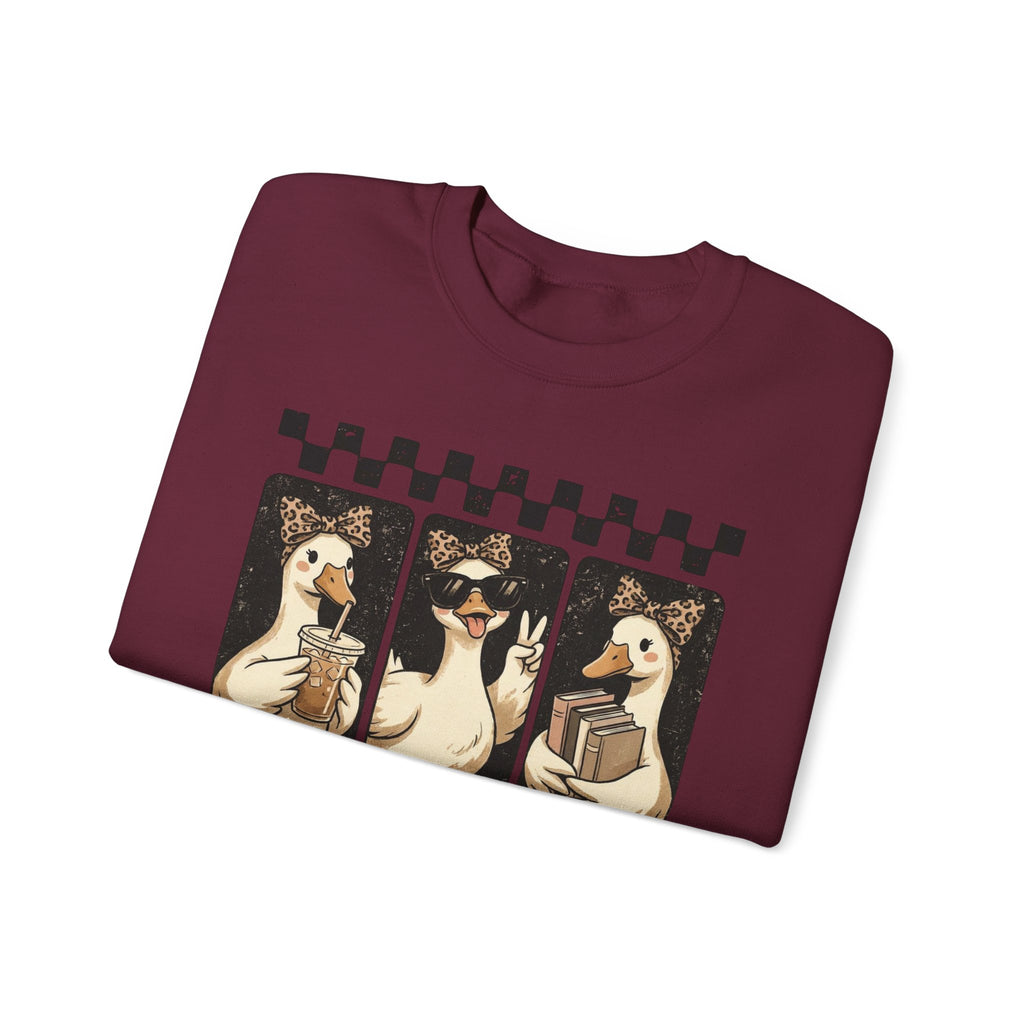 Duck Trio Crewneck Sweatshirt — Vintage Checkered Retro Goose Illustration