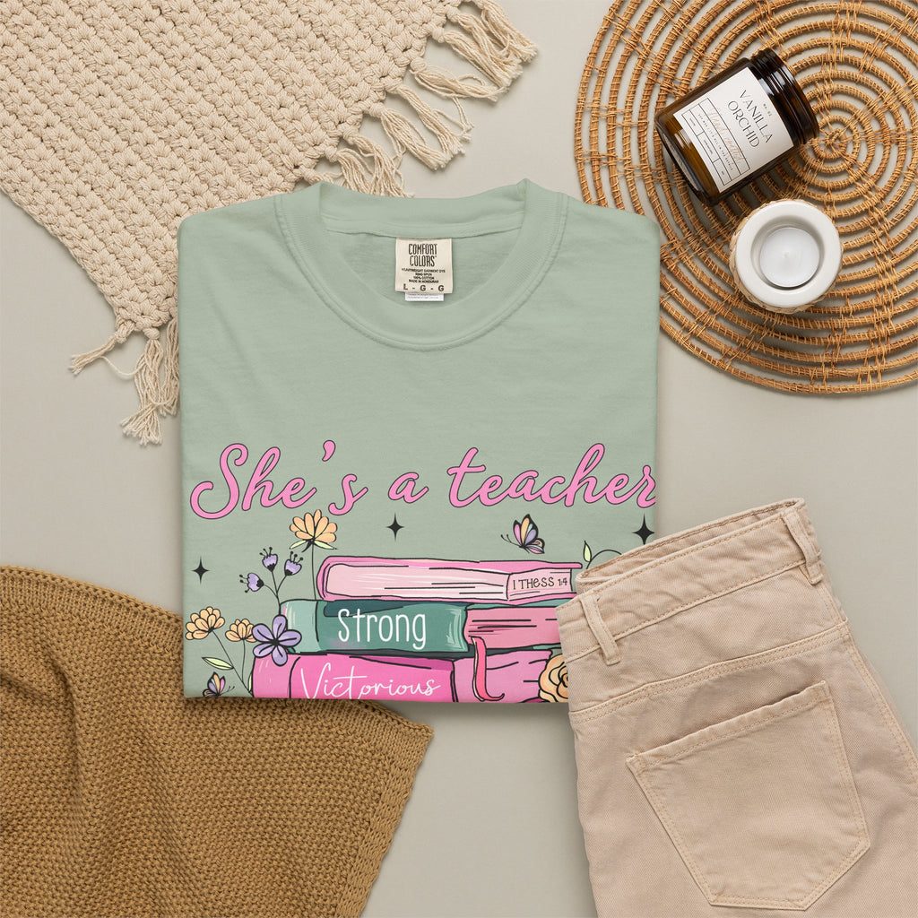Teacher Appreciation T-Shirt — "She's a Teacher" Floral Stack Design