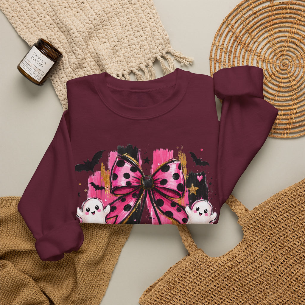 Halloween Pink Pumpkins Crewneck Sweatshirt — Cute Ghosts & Polka Dot Bow Design