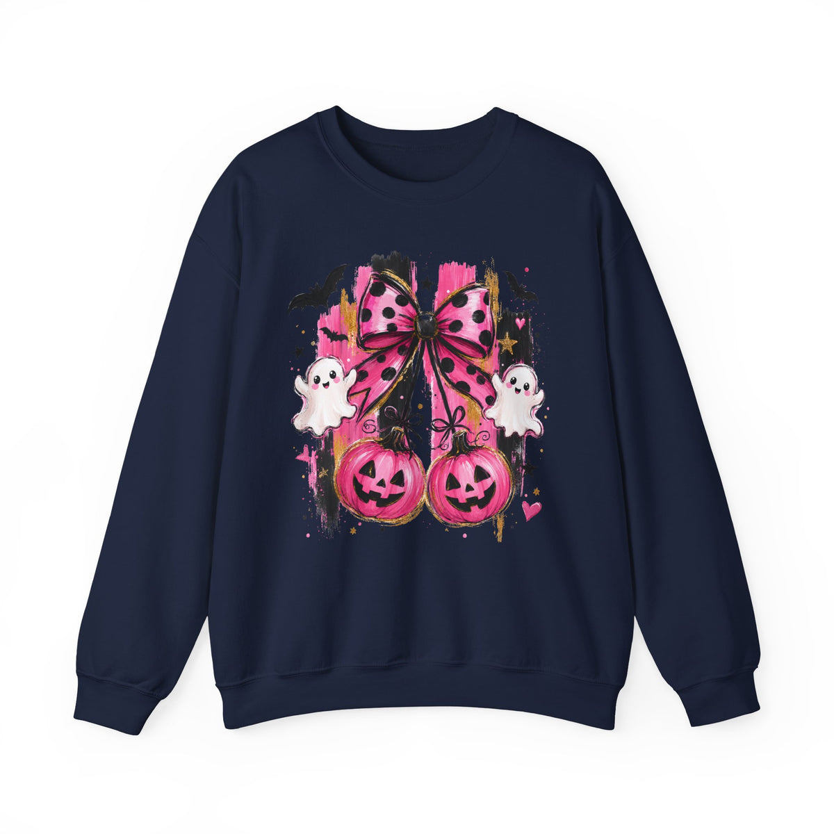 Halloween Pink Pumpkins Crewneck Sweatshirt — Cute Ghosts & Polka Dot Bow Design