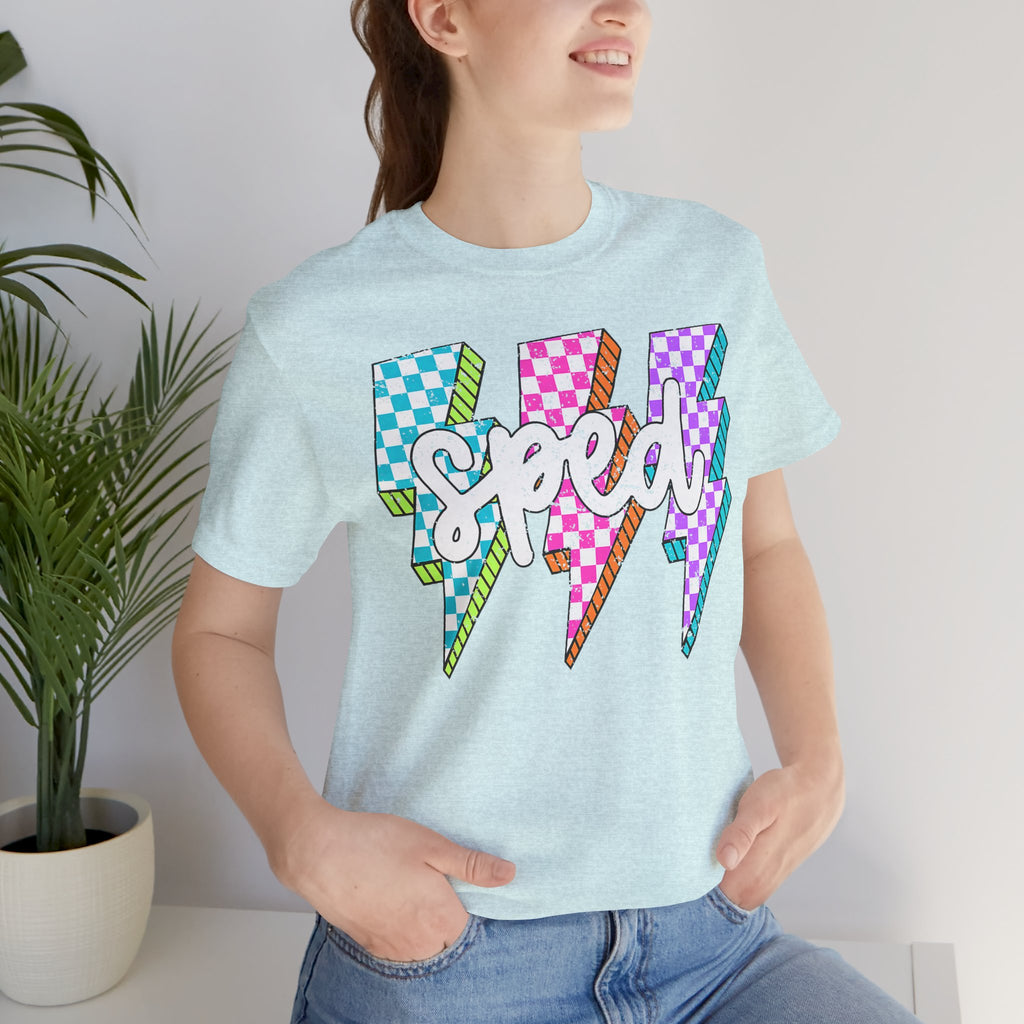 Speed Lightning Tee — Retro Checkerboard Bolt Graphic T-Shirt