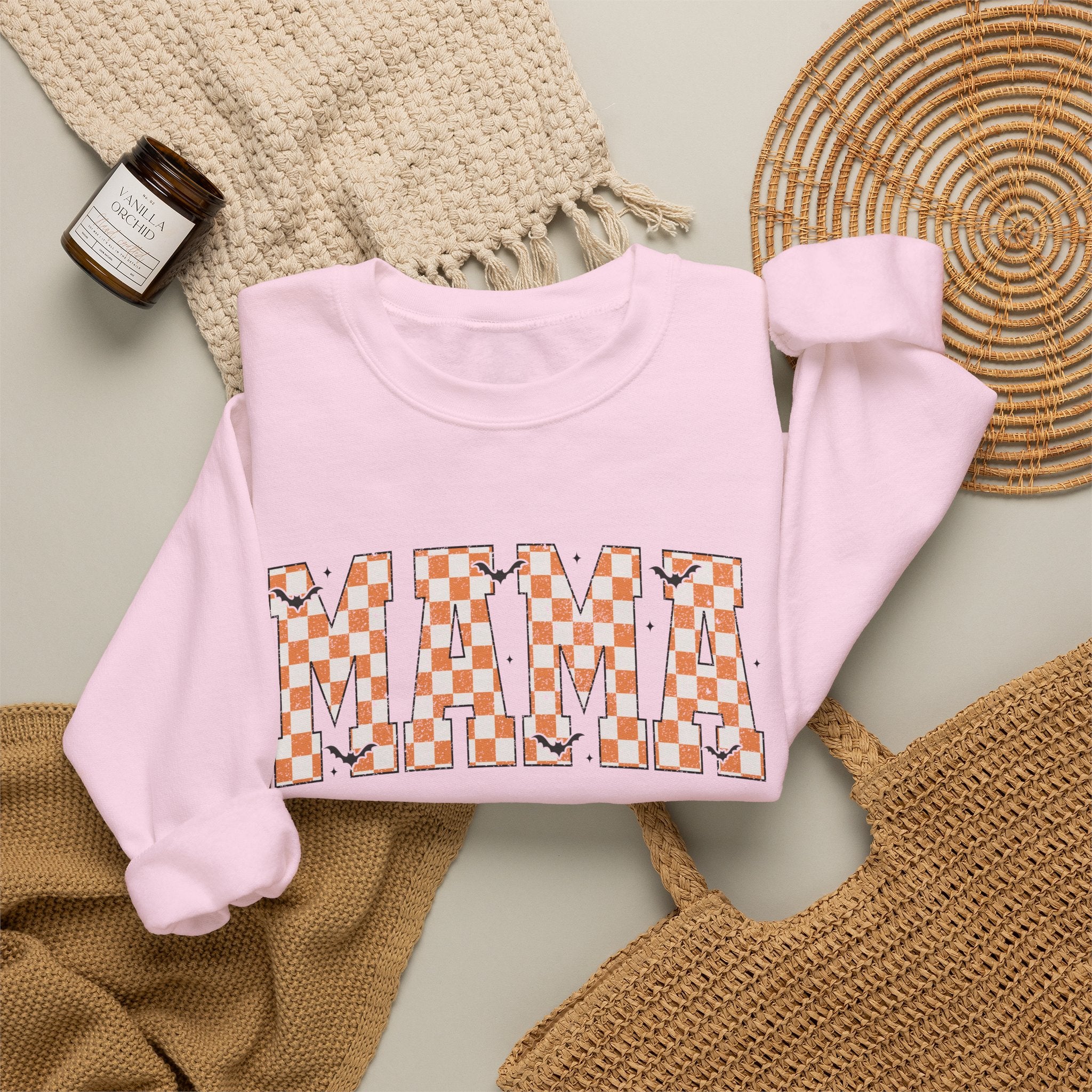 Mama Checkerboard Halloween Sweatshirt – Retro Orange Plaid Mama Pullover