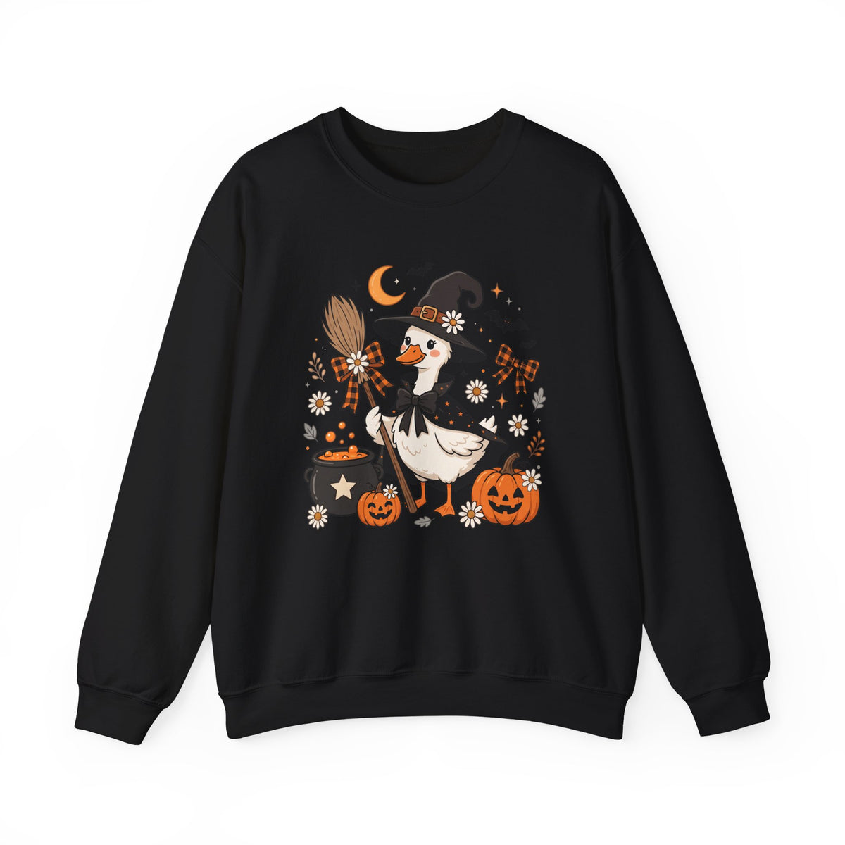 Halloween Duck Witch Crewneck Sweatshirt — Cute Pumpkin & Cauldron Graphic