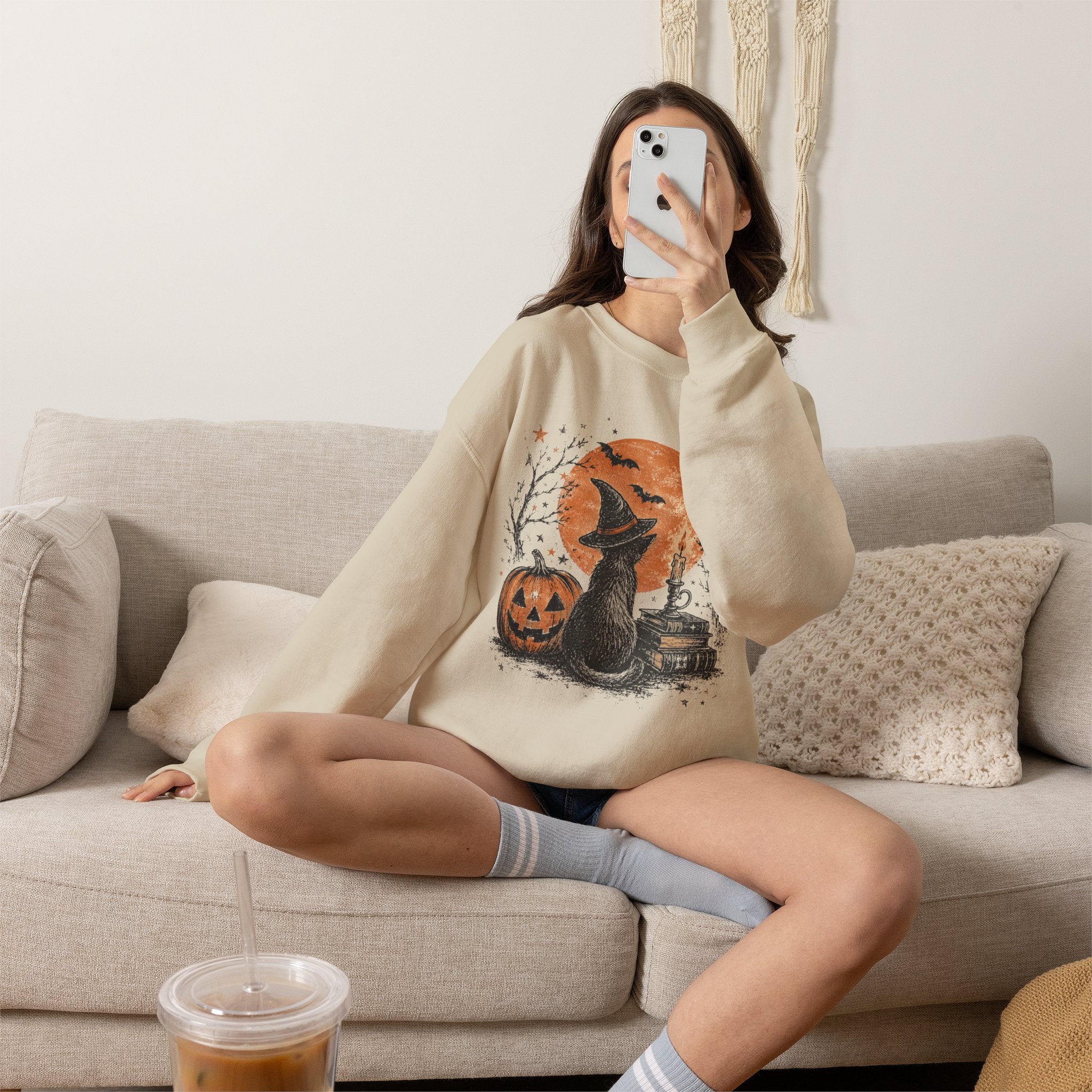 Crewneck Sweatshirt — Halloween Cat Witch Moon Graphic